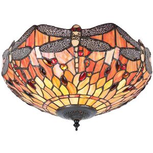 Interiors 1900 Lighting Dragonfly 2 Light Medium Ceiling Flush Light Dark Bronze, Yellow, Tiffany Style Glass, E27 Interiors 1900 Lighting Dragonfly 2 Light Medium Ceiling Flush Light Dark Bronze, Yellow, Tiffany Style Glass, E27