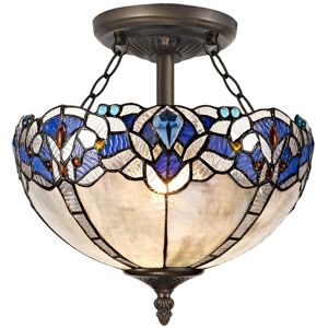Luminosa Lighting Worcester 2 Light Semi Flush Ceiling E27 With 30cm Tiffany Shade, Blue, Clear Crystal, Aged Antique Brass Luminosa Lighting Worcester 2 Light Semi Flush Ceiling E27 With 30cm Tiffany Shade, Blue, Clear Crystal, Aged Antique Brass