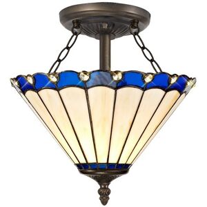 Luminosa Lighting Worcester 2 Light Semi Flush Ceiling E27 With 30cm Tiffany Shade, Blue, Crystal, Aged Antique Brass Luminosa Lighting Worcester 2 Light Semi Flush Ceiling E27 With 30cm Tiffany Shade, Blue, Crystal, Aged Antique Brass