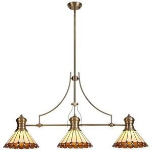 Luminosa Lighting Schroon 3 Light Telescopic Ceiling Pendant E27 With 30cm Tiffany Shade, Antique Brass, Amber, Crystal Luminosa Lighting Schroon 3 Light Telescopic Ceiling Pendant E27 With 30cm Tiffany Shade, Antique Brass, Amber, Crystal