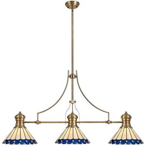 Luminosa Lighting Schroon 3 Light Telescopic Ceiling Pendant E27 With 30cm Tiffany Shade, Antique Brass, Blue, Crystal Luminosa Lighting Schroon 3 Light Telescopic Ceiling Pendant E27 With 30cm Tiffany Shade, Antique Brass, Blue, Crystal