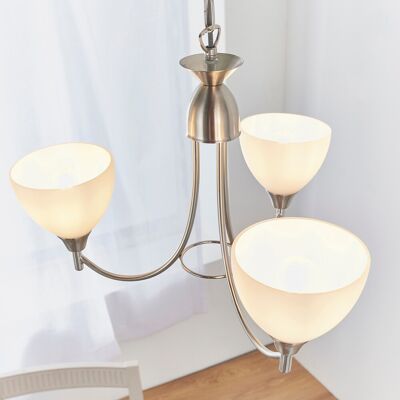 Endon Collection Lighting Alton 3 Light Multi Arm Ceiling Pendant Satin Chrome, Matt Opal Glass, E14 Endon Collection Lighting Alton 3 Light Multi Arm Ceiling Pendant Satin Chrome, Matt Opal Glass, E14