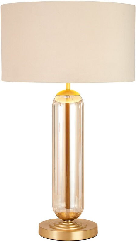 Luminosa Lighting Clarkson Tubular Table Lamp, 1 Light E27, Satin Gold/Cognac Glass/Ivory/Champagne 40cm Velvet Shade