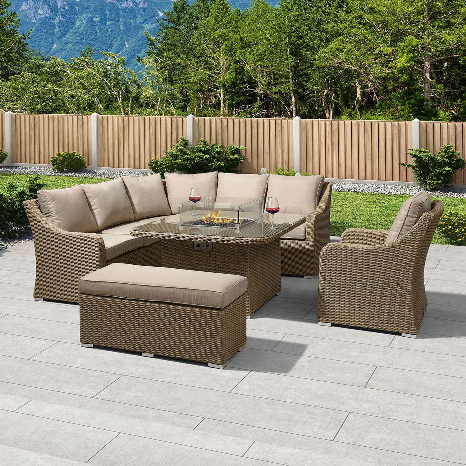 Harper Heritage Harper Deluxe Corner Dining Set with Fire Pit Table   Willow Rattan Harper Heritage Harper Deluxe Corner Dining Set with Fire Pit Table   Willow Rattan