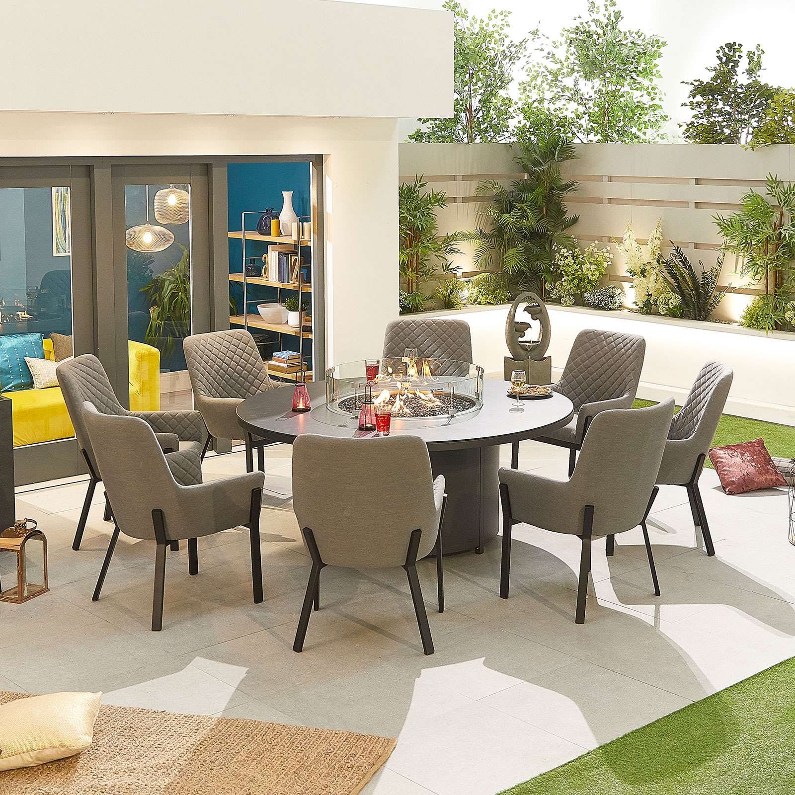 Genoa Fabric 8 Seat Round Dining Set with Fire Pit   Light Grey Genoa Fabric 8 Seat Round Dining Set with Fire Pit   Light Grey