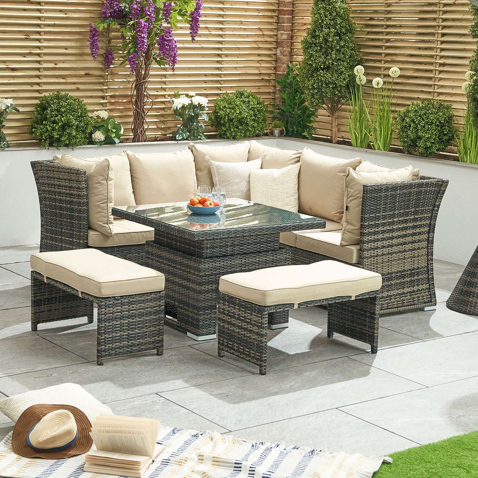 Cambridge Outdoor Dining Compact Cambridge Rattan Corner Dining Set with Rising Table & Reclining Sides   Brown Cambridge Outdoor Dining Compact Cambridge Rattan Corner Dining Set with Rising Table & Reclining Sides   Brown