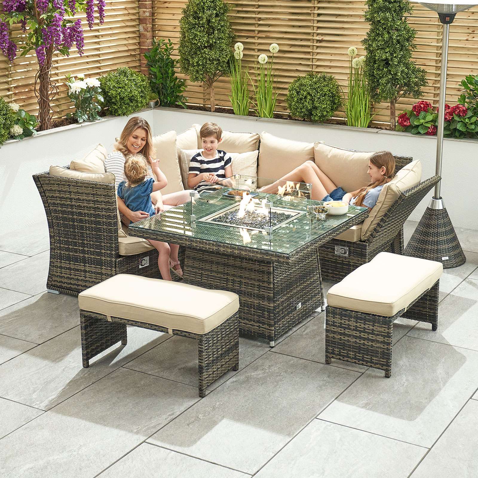 Cambridge Outdoor Dining Compact Cambridge Rattan Corner Dining Set with Fire Pit & Reclining Sides   Brown Cambridge Outdoor Dining Compact Cambridge Rattan Corner Dining Set with Fire Pit & Reclining Sides   Brown