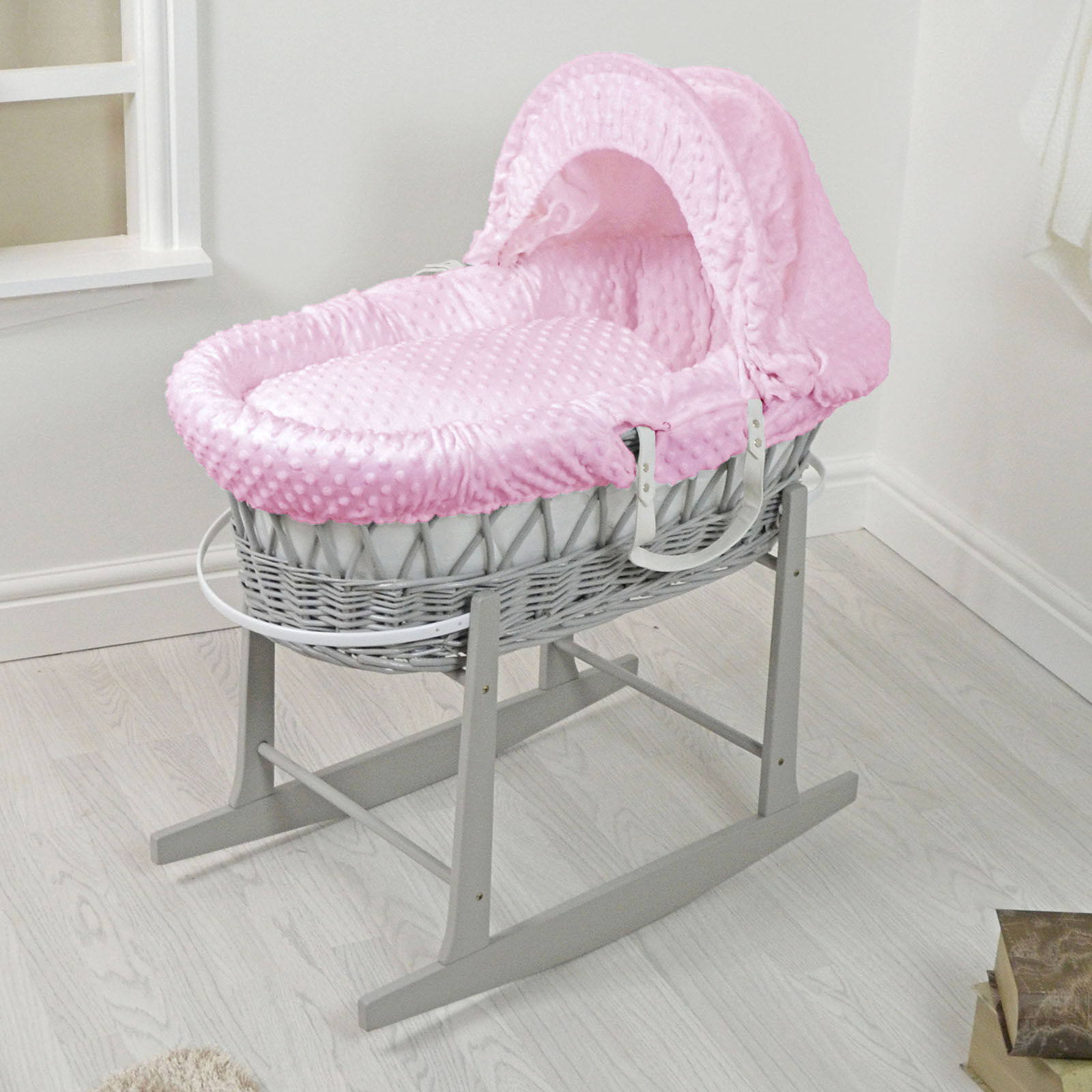 4 baby 4Baby Padded Grey Wicker Moses Basket & Rocking Stand - Pink Dimple