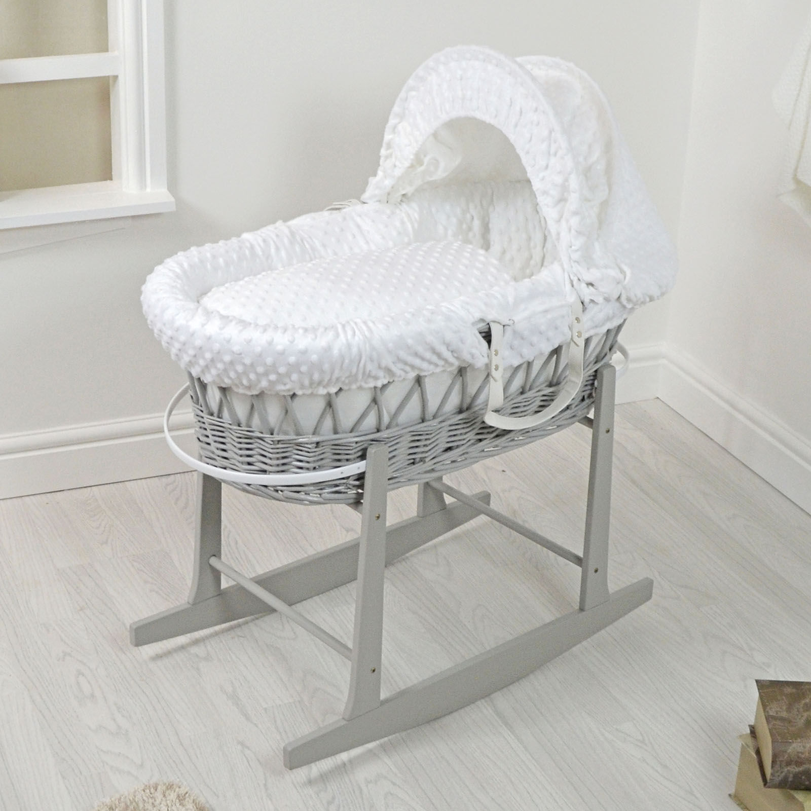 4 baby 4Baby Padded Grey Wicker Moses Basket & Rocking Stand - White Dimple 4 baby 4Baby Padded Grey Wicker Moses Basket & Rocking Stand - White Dimple
