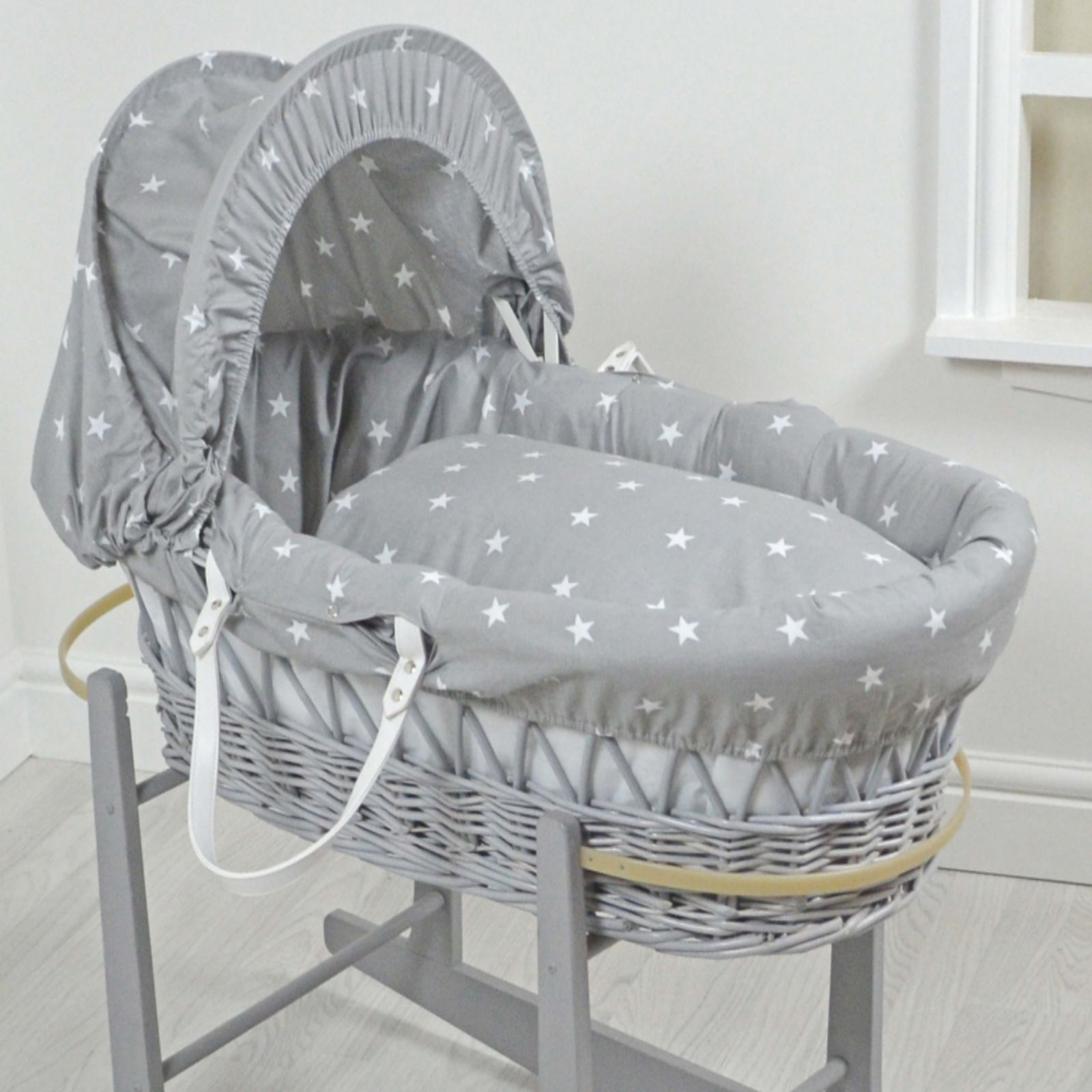 4 baby 4Baby Padded Grey Wicker Baby Moses Basket - Grey / White Stars