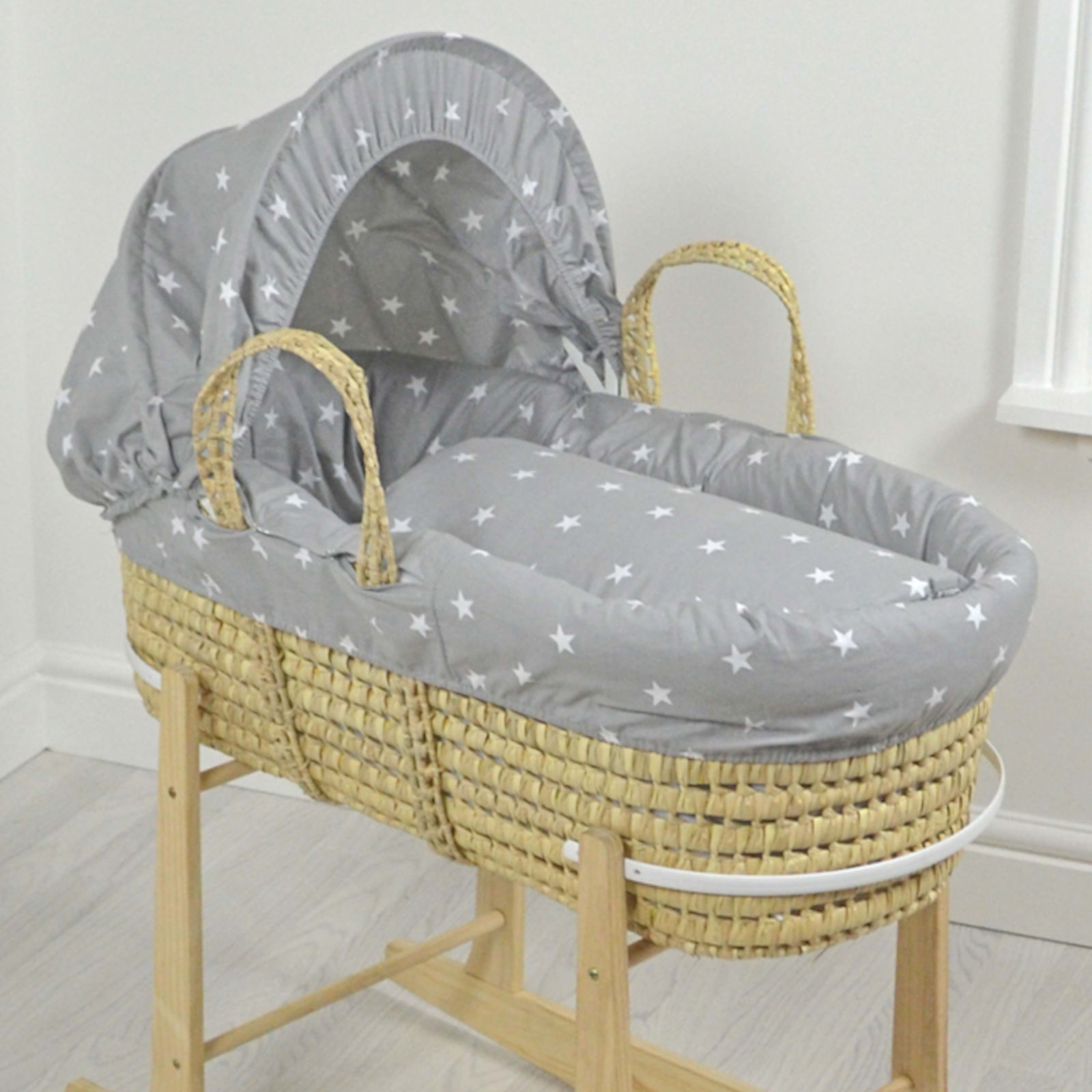 4 baby 4baby Deluxe Palm Moses Basket - Grey / White Stars 4 baby 4baby Deluxe Palm Moses Basket - Grey / White Stars