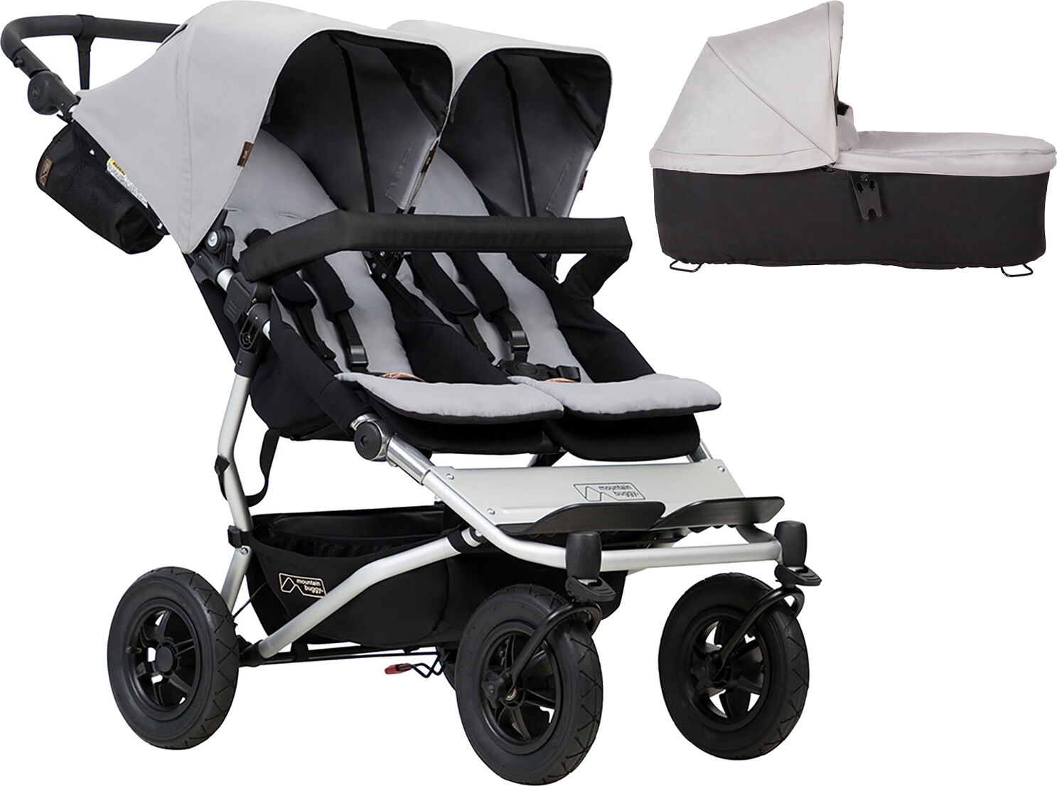 Mountain Buggy Duet V3 Twin Pushchair & Duet Plus Carrycot - Silver Mountain Buggy Duet V3 Twin Pushchair & Duet Plus Carrycot - Silver
