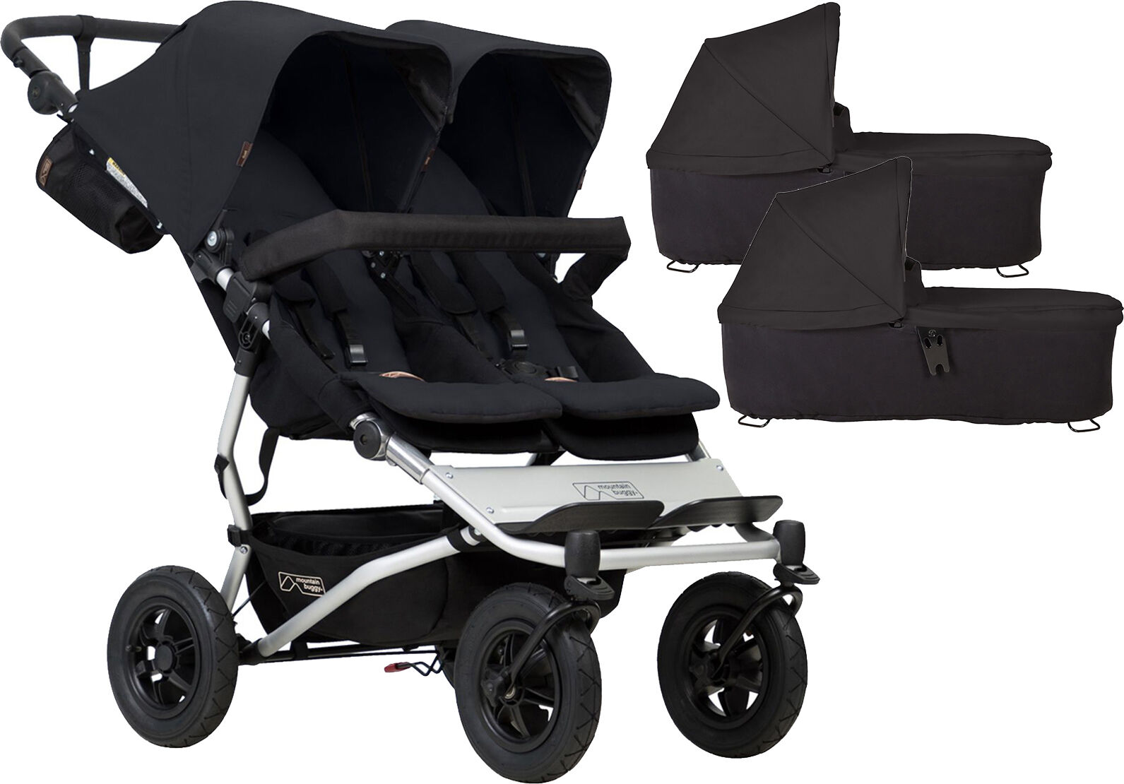 Mountain Buggy Duet V3 Twin Pushchair & 2 Carrycots - Black Mountain Buggy Duet V3 Twin Pushchair & 2 Carrycots - Black
