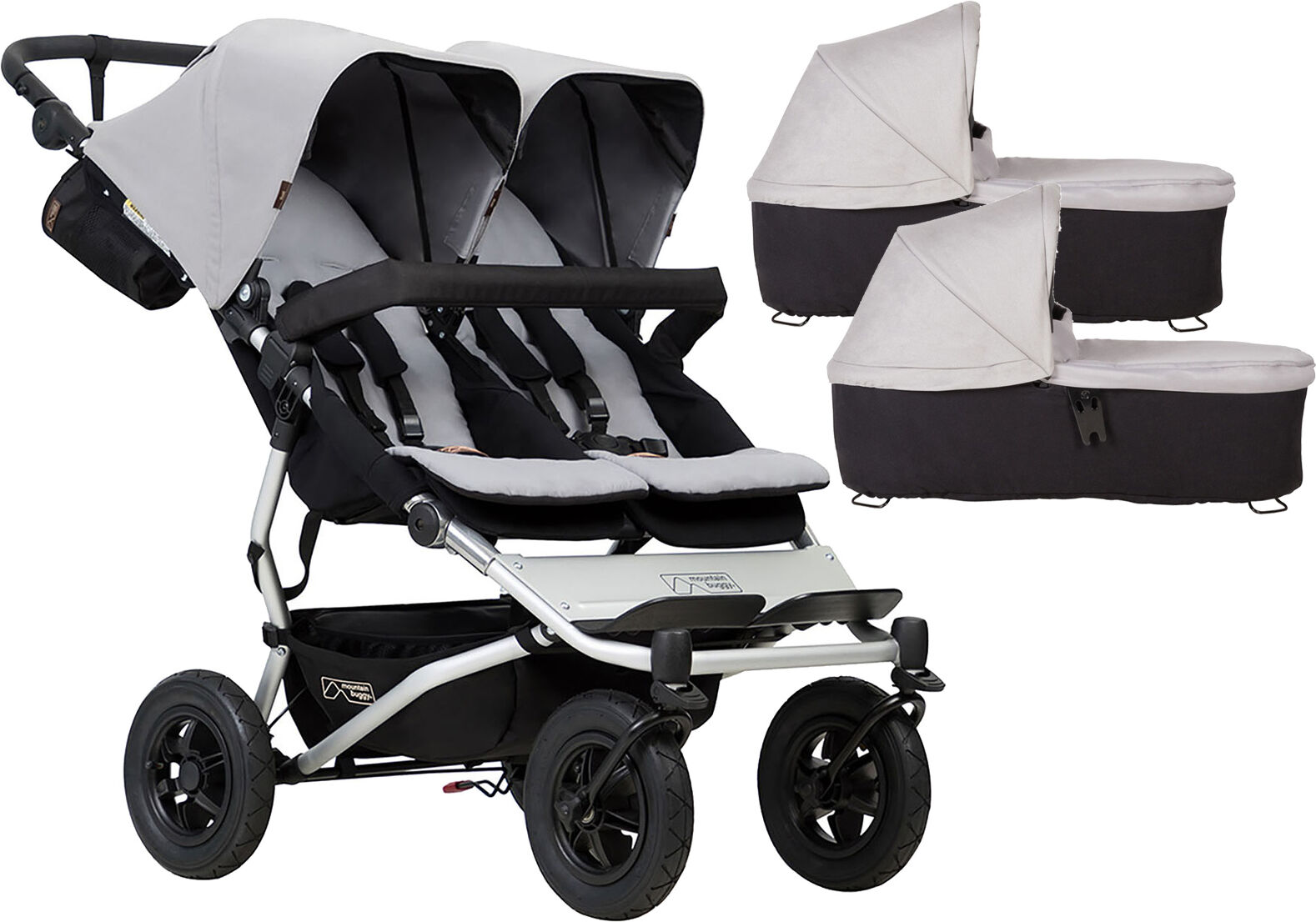 Mountain Buggy Duet V3 Twin Pushchair & 2 Carrycots - Silver Mountain Buggy Duet V3 Twin Pushchair & 2 Carrycots - Silver