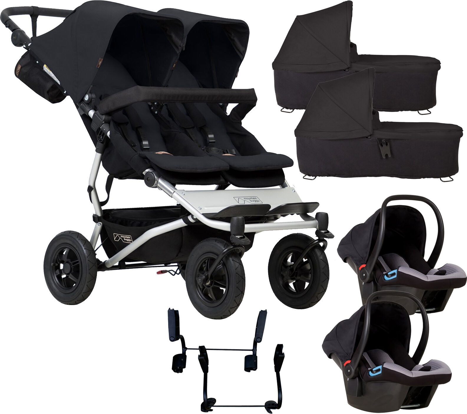 Mountain Buggy Duet V3 Double Travel System & 2 Carrycots - Black Mountain Buggy Duet V3 Double Travel System & 2 Carrycots - Black