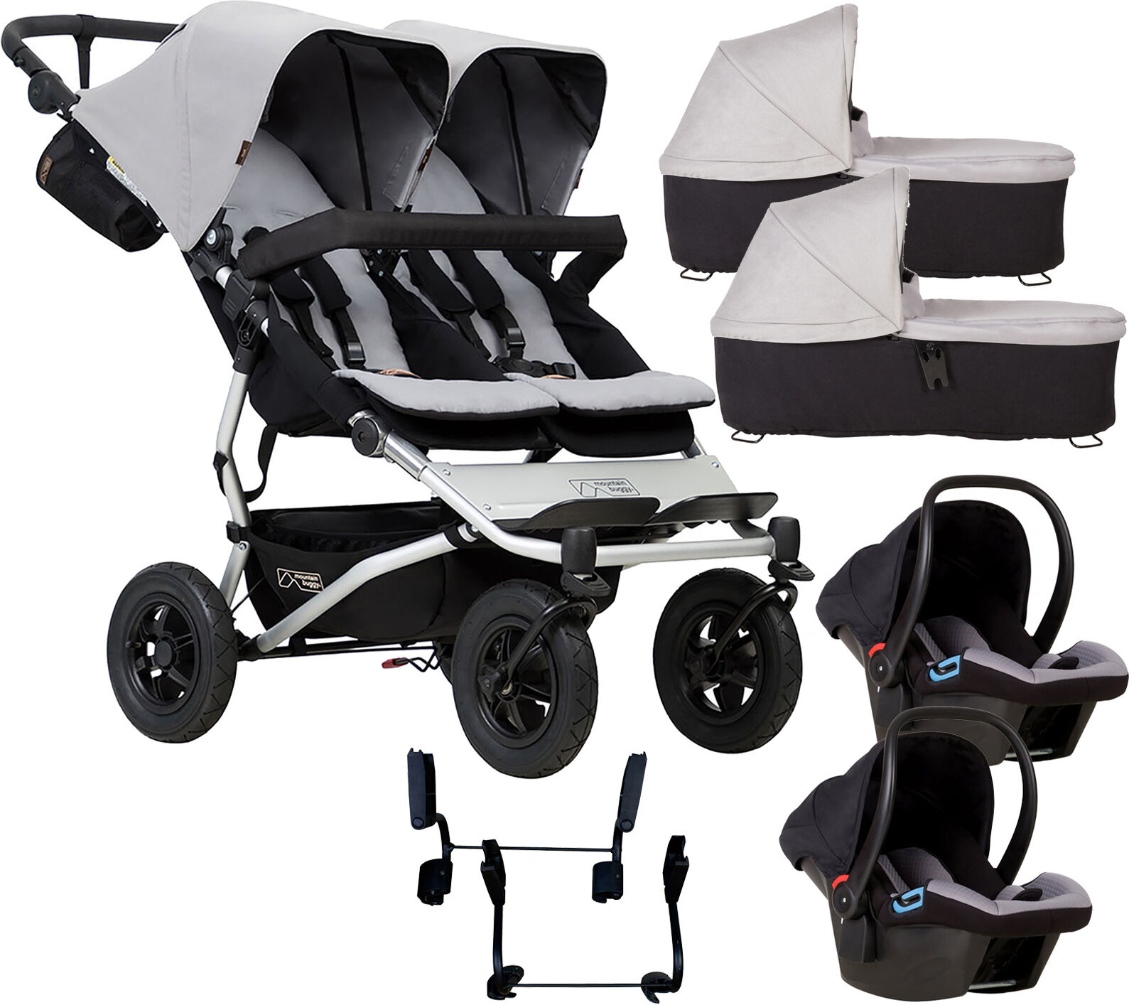 Mountain Buggy Duet V3 Double Travel System & 2 Carrycots - Silver Mountain Buggy Duet V3 Double Travel System & 2 Carrycots - Silver