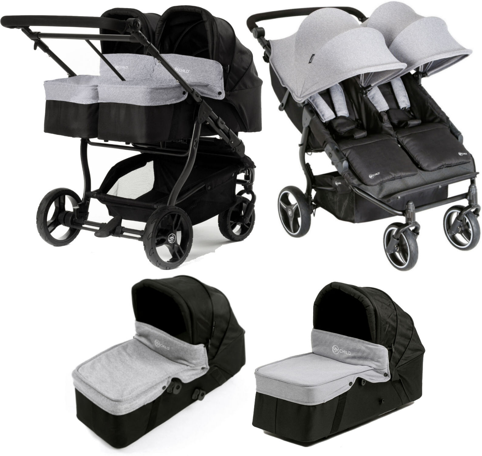 My Child Easy Twin Double Stroller & x2 Carrycot - Grey