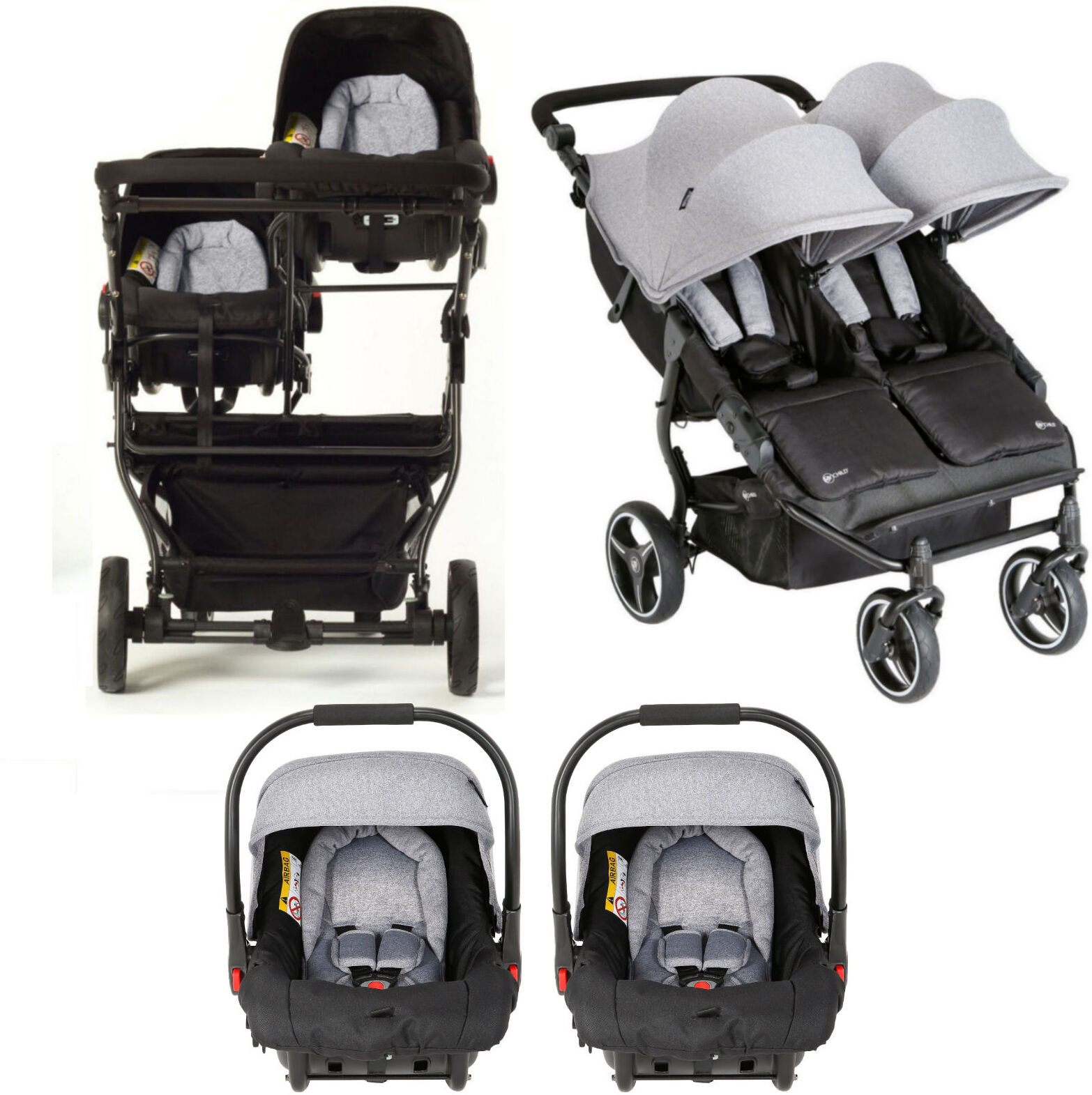 My Child Easy Twin Double Stroller Travel System (2 Car Seats) - Grey My Child Easy Twin Double Stroller Travel System (2 Car Seats) - Grey