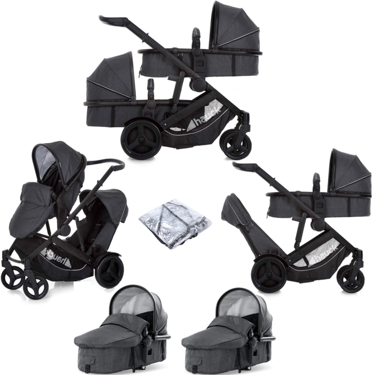 Hauck Duett 3 Tandem Pushchair & 2 Carrycots - Melange Charcoal Hauck Duett 3 Tandem Pushchair & 2 Carrycots - Melange Charcoal