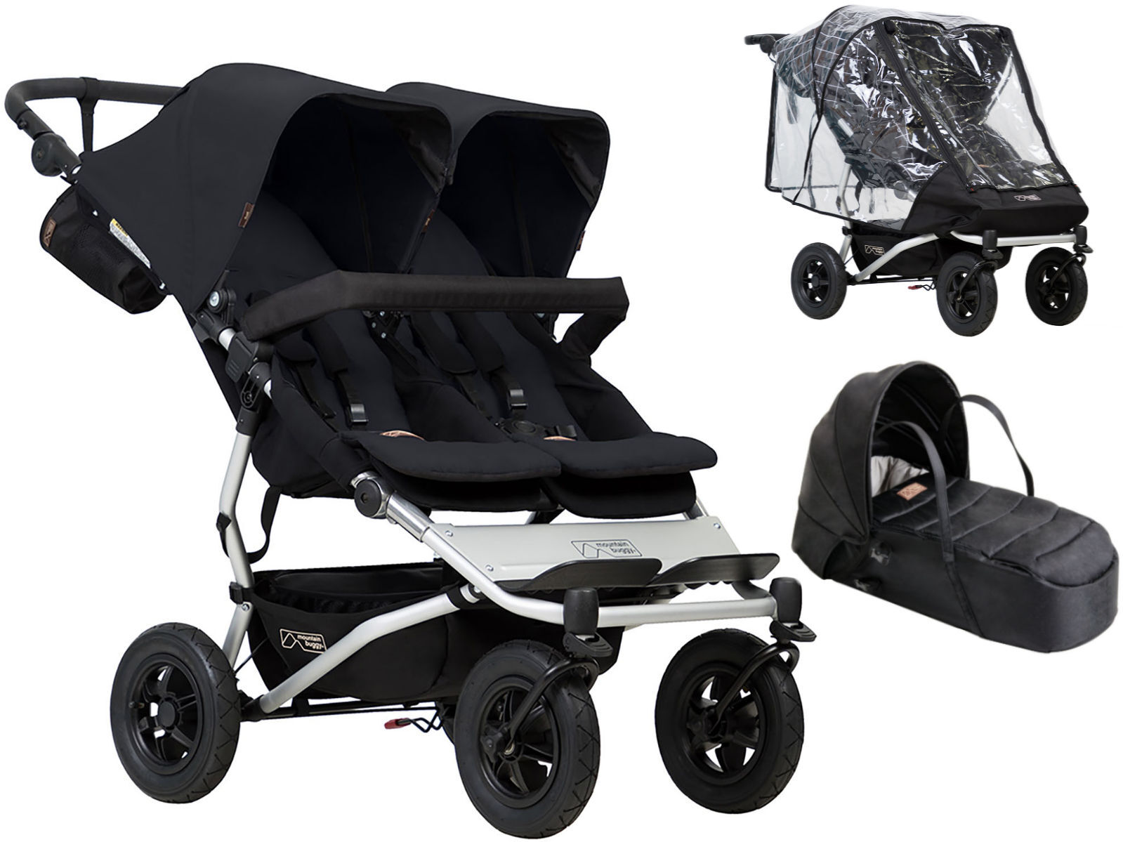 Mountain Buggy Duet V3 Twin Pushchair With Cocoon Carrycot & Storm Cover - Black Mountain Buggy Duet V3 Twin Pushchair With Cocoon Carrycot & Storm Cover - Black