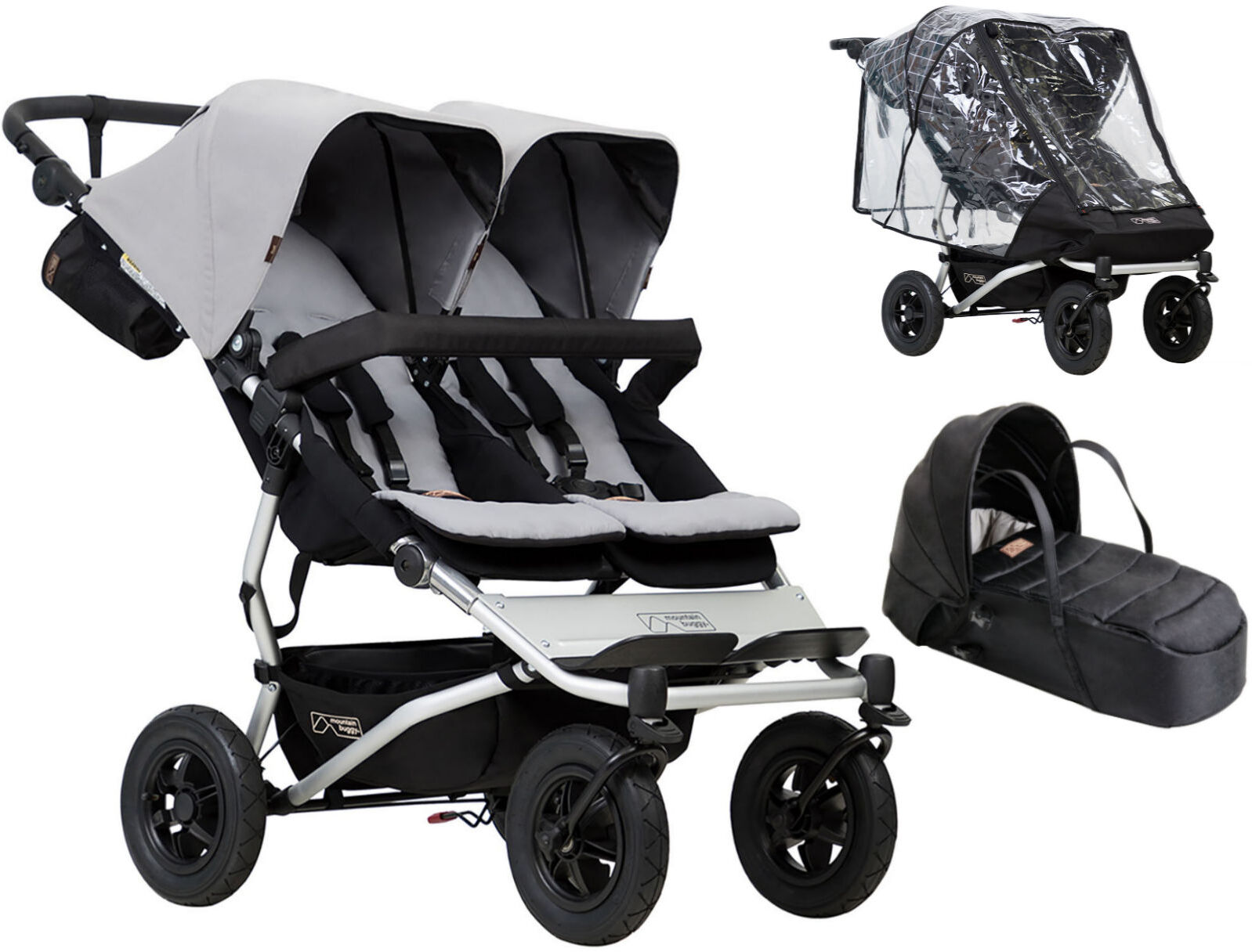 Mountain Buggy Duet V3 Twin Pushchair With Cocoon Carrycot & Storm Cover - Silver Mountain Buggy Duet V3 Twin Pushchair With Cocoon Carrycot & Storm Cover - Silver