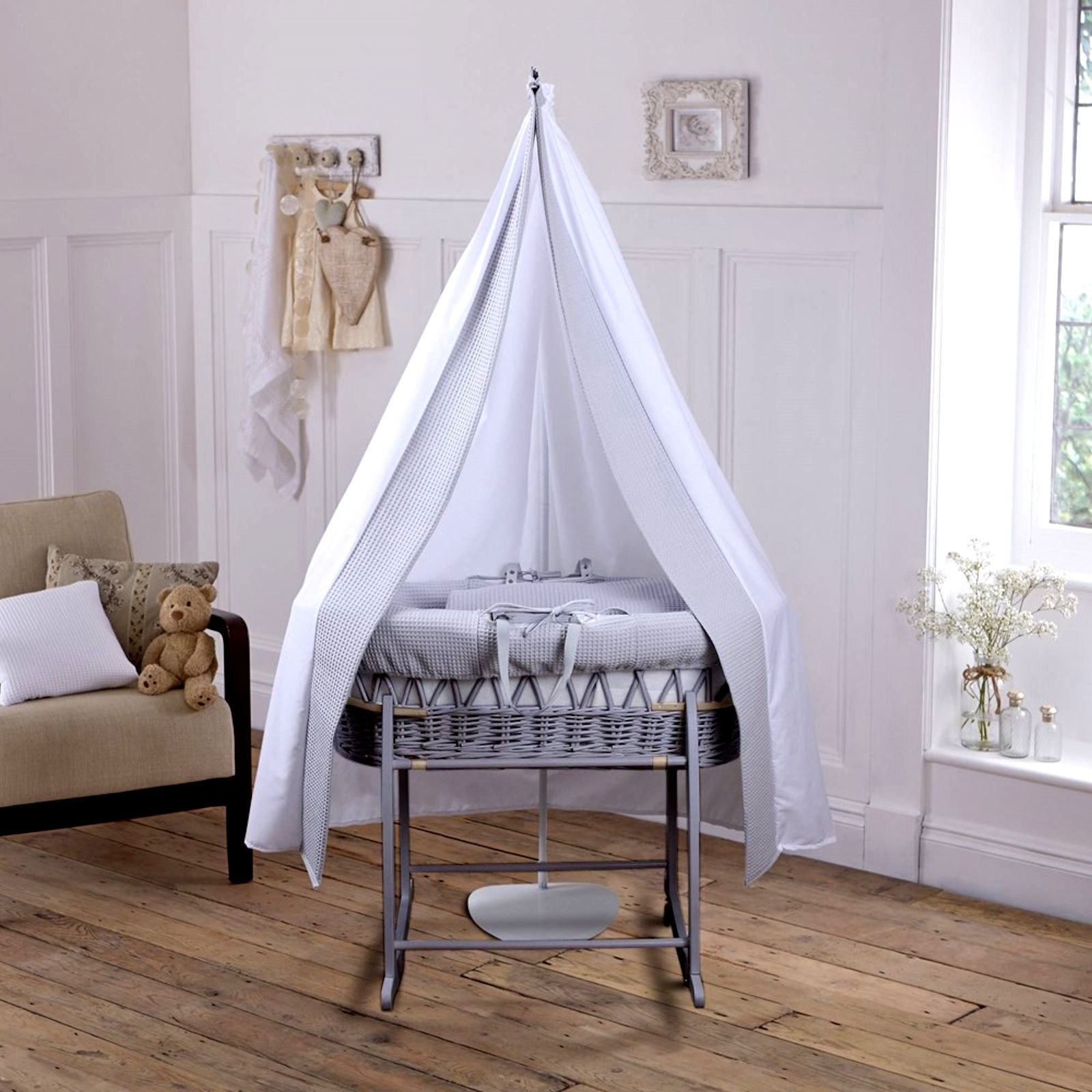 Clair De Lune 6 Piece Grey Wicker Moses Basket, Stand & Drape Set - Waffle Grey Clair De Lune 6 Piece Grey Wicker Moses Basket, Stand & Drape Set - Waffle Grey