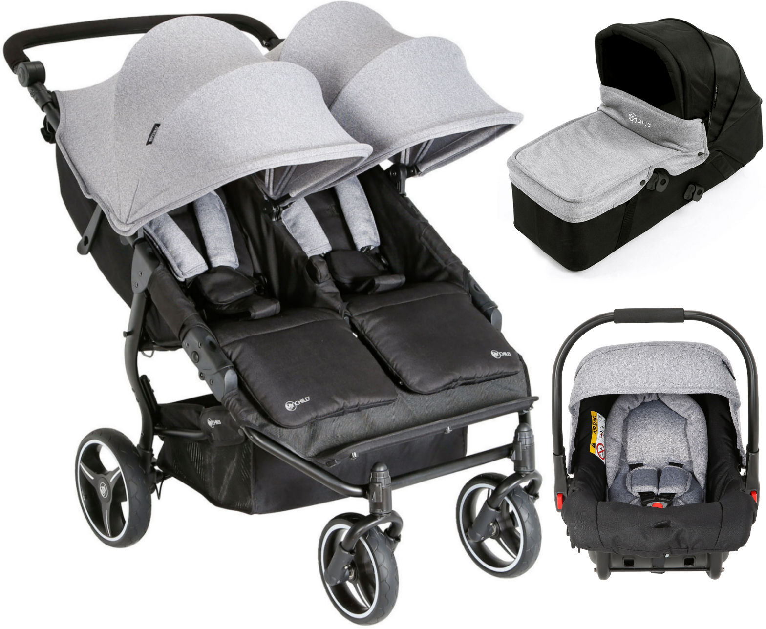 My Child Easy Twin Double Stroller Travel System & Carrycot - Grey My Child Easy Twin Double Stroller Travel System & Carrycot - Grey