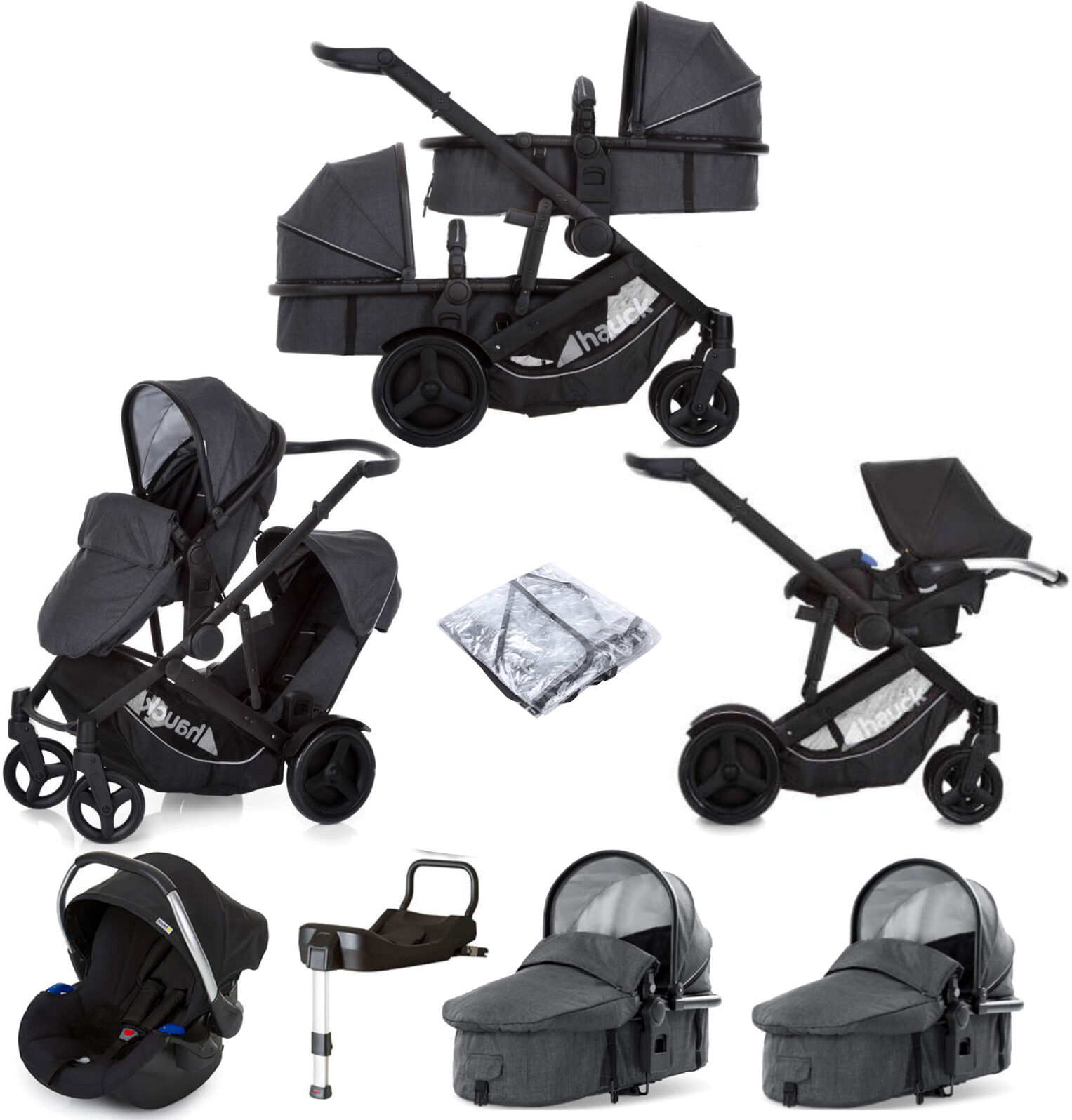 Hauck Duett 3 Tandem (Comfort Fix) Travel System With 2 Carrycots + ISOFIX Base - Melange Charcoal Hauck Duett 3 Tandem (Comfort Fix) Travel System With 2 Carrycots + ISOFIX Base - Melange Charcoal