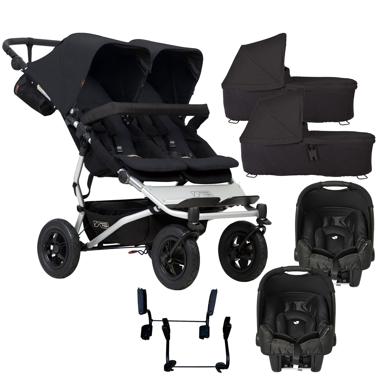Mountain Buggy Duet V3 Double (Gemm) Travel System & 2 Carrycots - Black