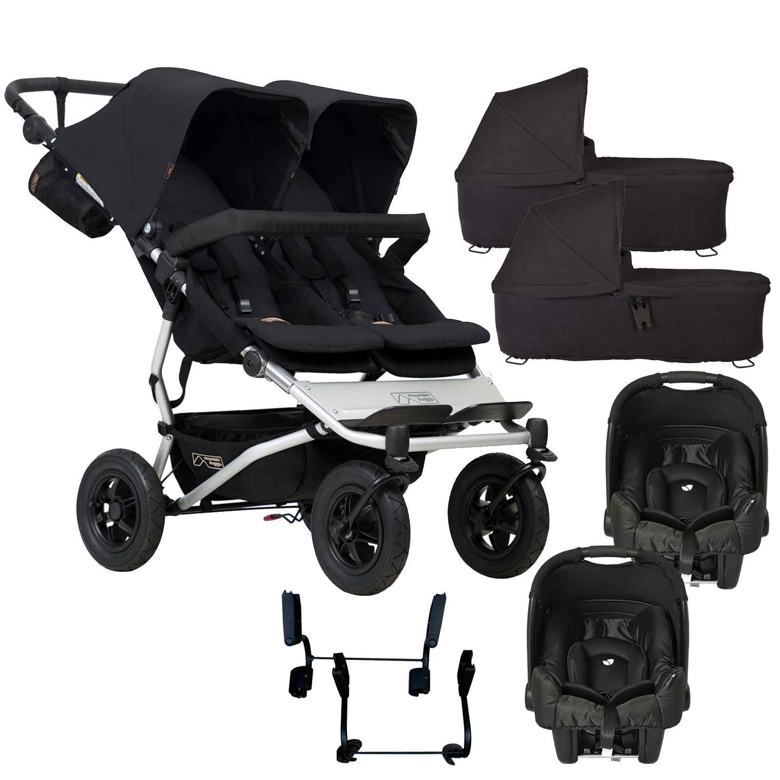 Mountain Buggy Duet V3 Double (Gemm) Travel System & 2 Carrycots - Black Mountain Buggy Duet V3 Double (Gemm) Travel System & 2 Carrycots - Black