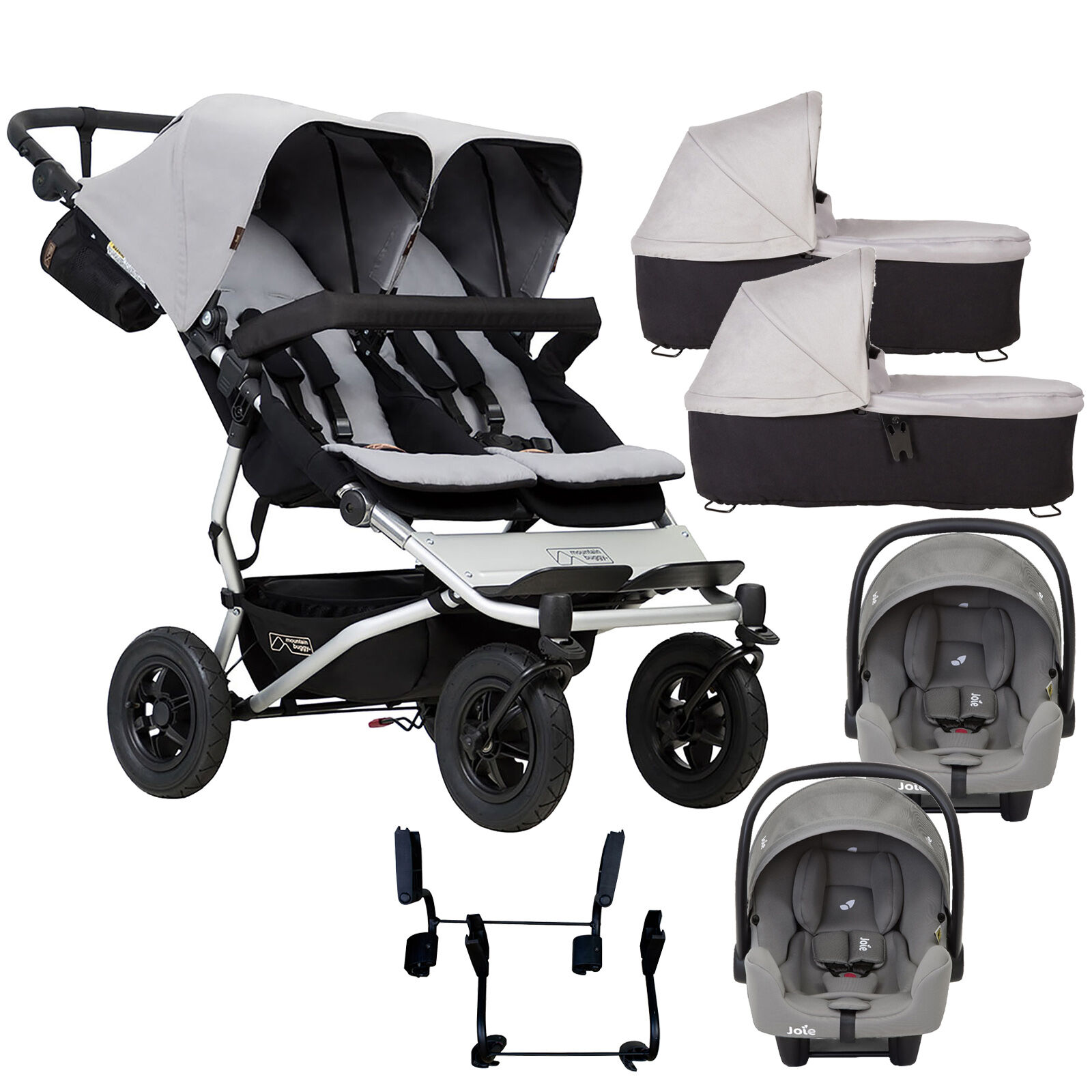 Mountain Buggy Duet V3 Double (i-Snug) Travel System & 2 Carrycots - Silver Mountain Buggy Duet V3 Double (i-Snug) Travel System & 2 Carrycots - Silver