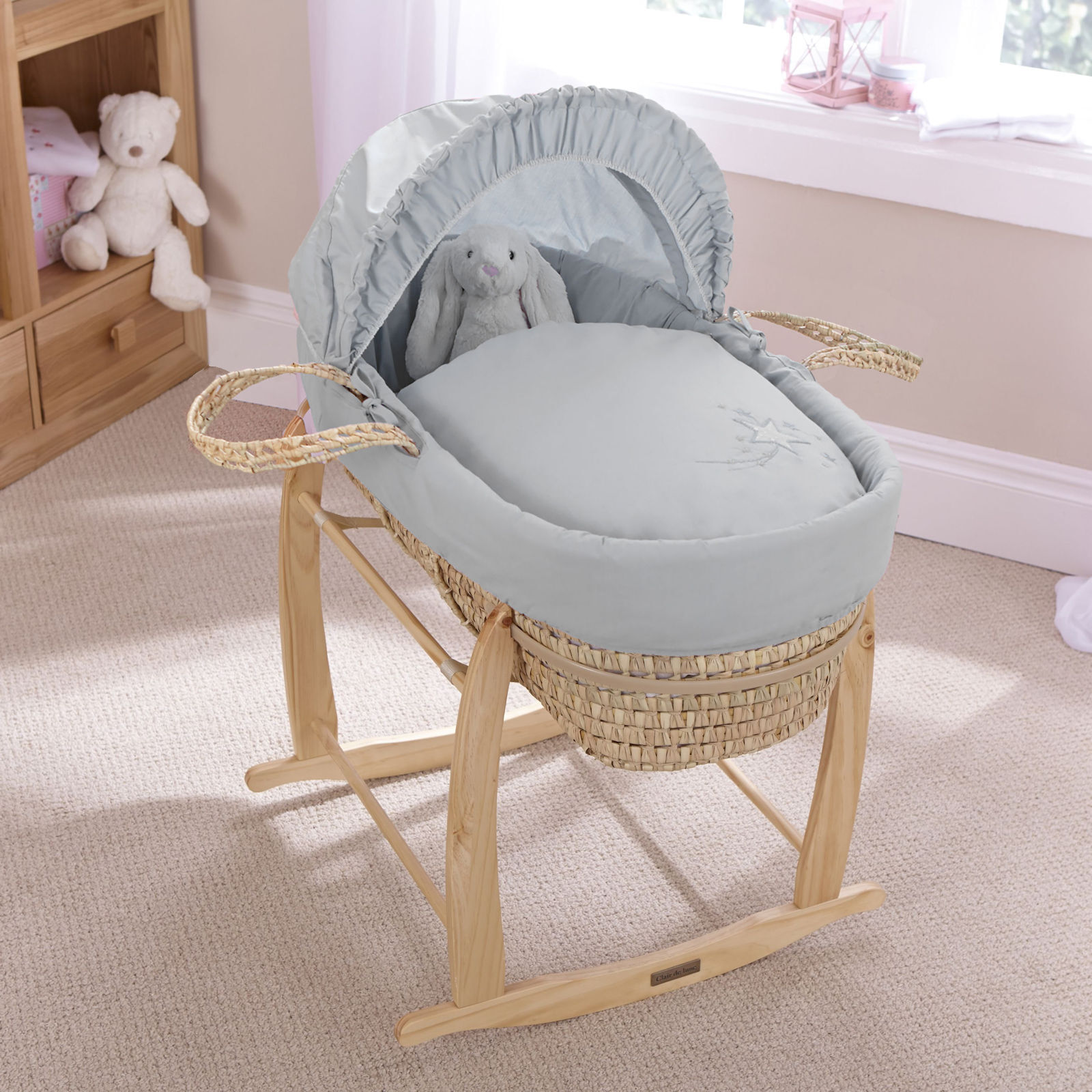 Clair De Lune Palm Moses Basket with Rocking Stand - Starburst Grey