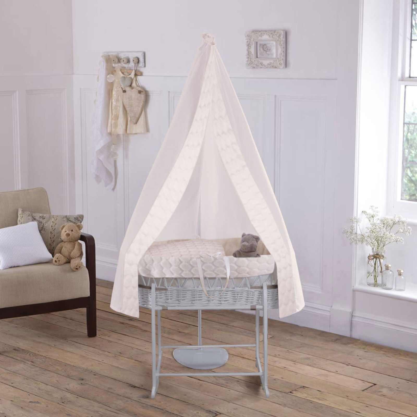 Clair De Lune 6 Piece Grey Wicker Moses Basket, Stand & Drape Set - Marshmallow Cream Clair De Lune 6 Piece Grey Wicker Moses Basket, Stand & Drape Set - Marshmallow Cream