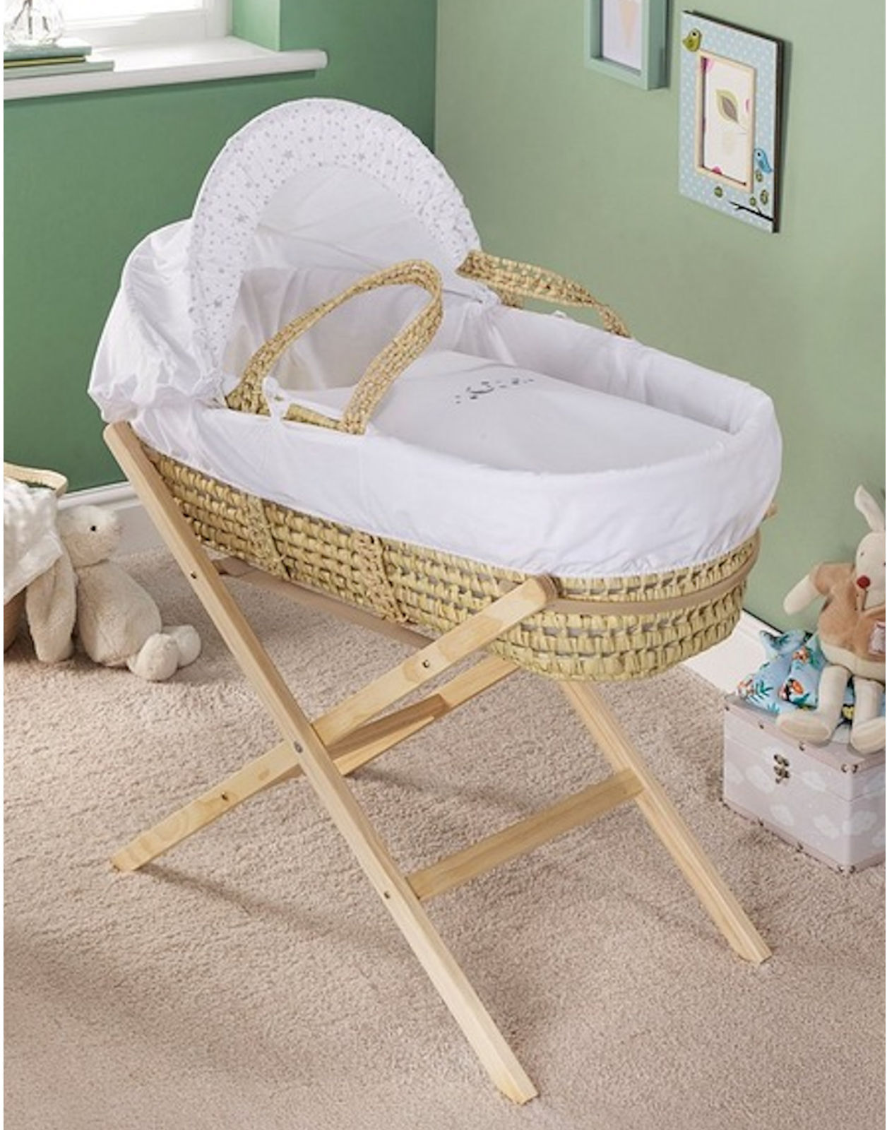Clair De Lune Palm Moses Basket with Folding Rocking Stand - Moon & Stars Grey Clair De Lune Palm Moses Basket with Folding Rocking Stand - Moon & Stars Grey