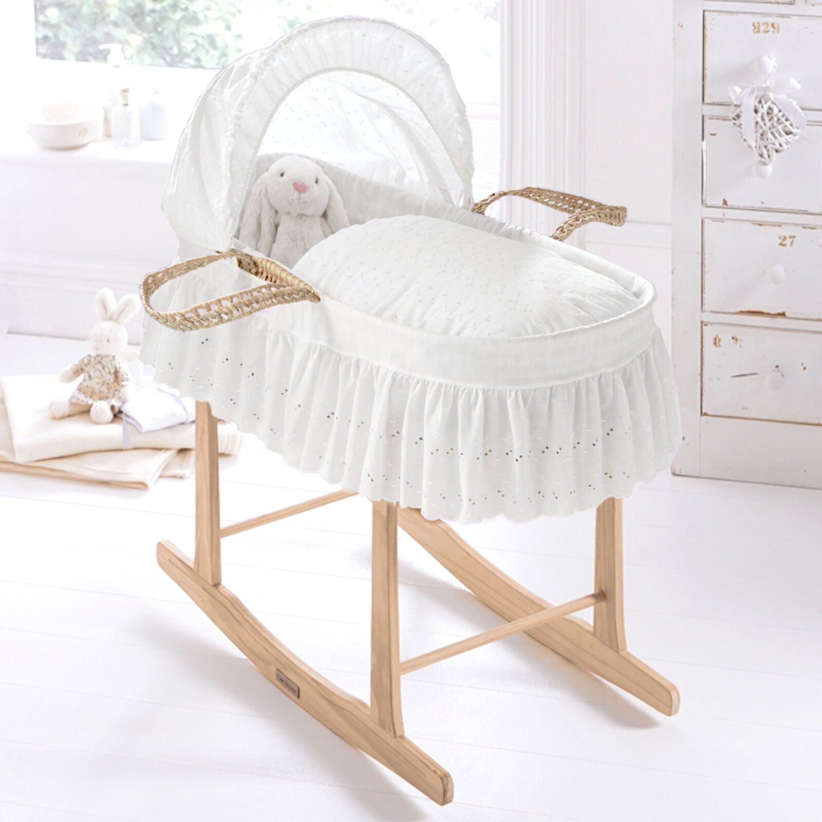 Clair De Lune Palm Baby Moses Basket and Rocking Stand - Broderie Anglaise White Clair De Lune Palm Baby Moses Basket and Rocking Stand - Broderie Anglaise White