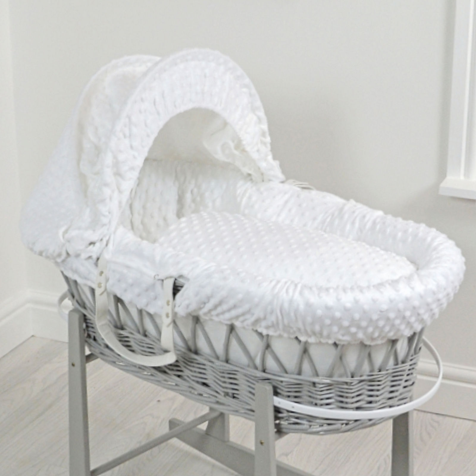 4 baby 4baby Deluxe Padded Grey Wicker Moses Basket - White Dimple