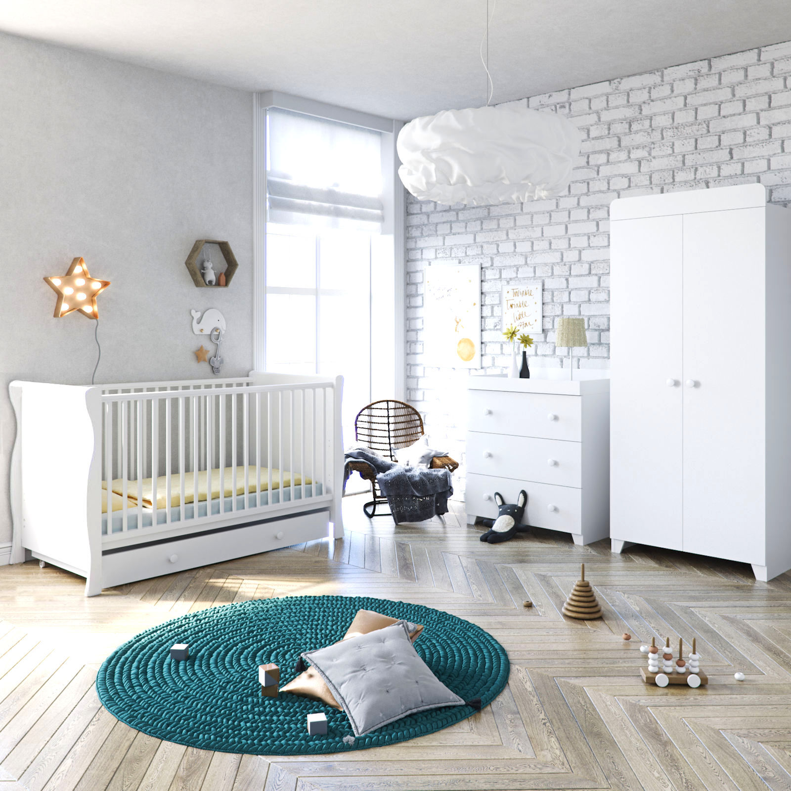 Little Acorns Sleigh Cot Bed 6 Piece Nursery Furniture Set With Deluxe 4inch Foam Mattress - White Little Acorns Sleigh Cot Bed 6 Piece Nursery Furniture Set With Deluxe 4inch Foam Mattress - White