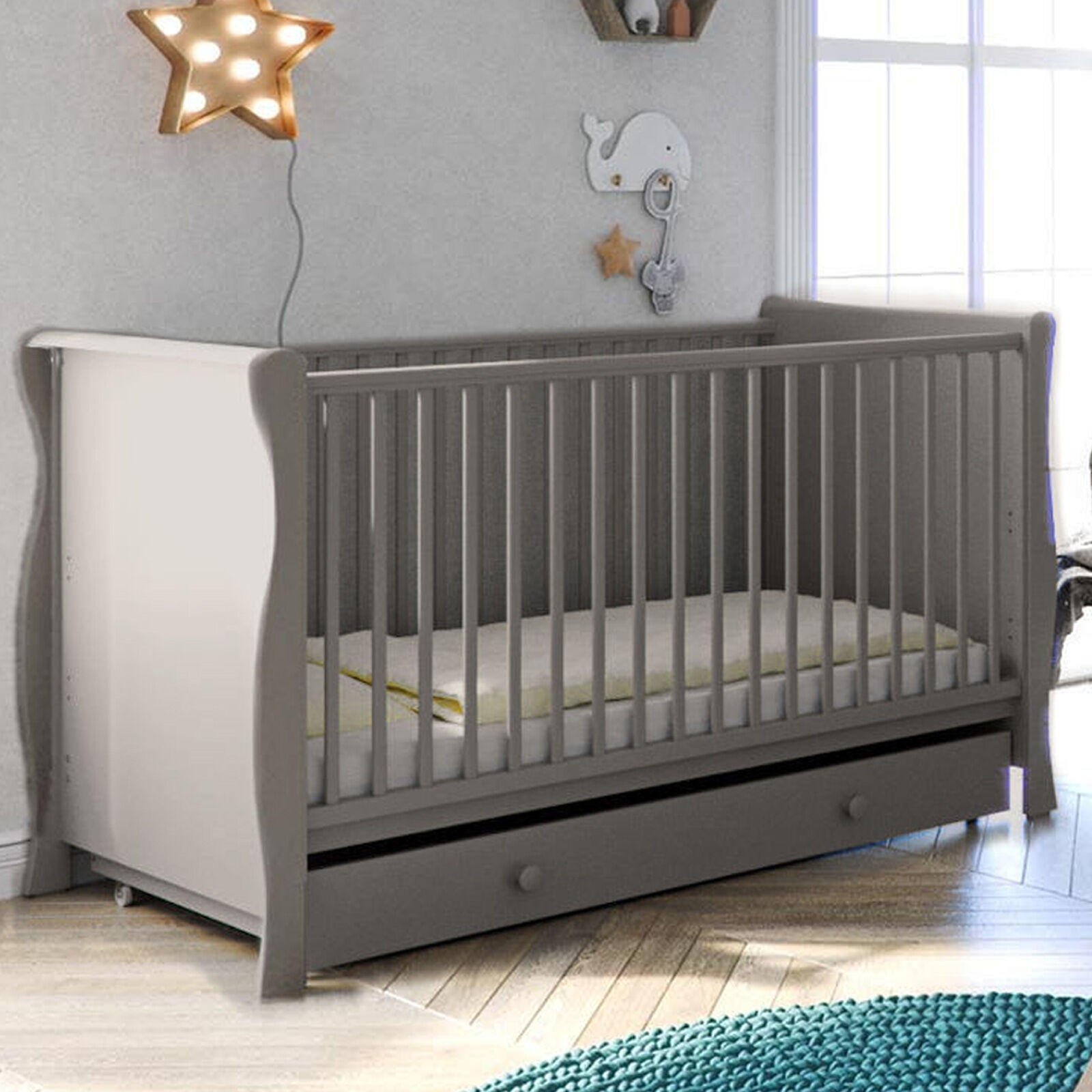 Little Acorns Sleigh Cot Bed With Deluxe Maxi Air Cool Mattress & Drawer - Grey Little Acorns Sleigh Cot Bed With Deluxe Maxi Air Cool Mattress & Drawer - Grey