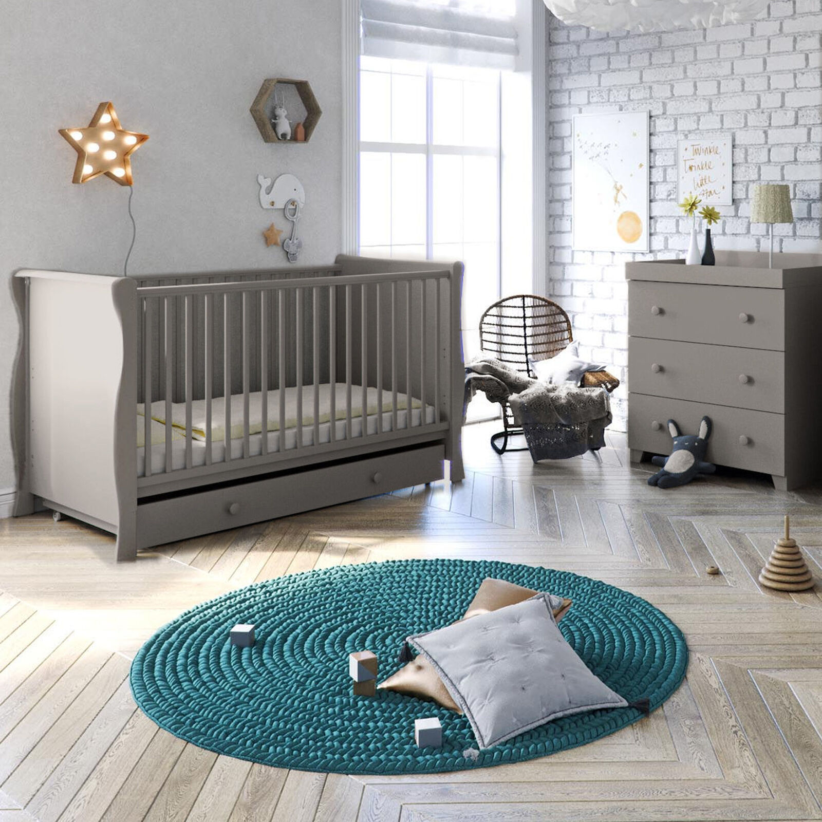 Little Acorns Sleigh 4 Piece Nursery Furniture Set - Cotbed & Drawer With Dresser - Grey Little Acorns Sleigh 4 Piece Nursery Furniture Set - Cotbed & Drawer With Dresser - Grey