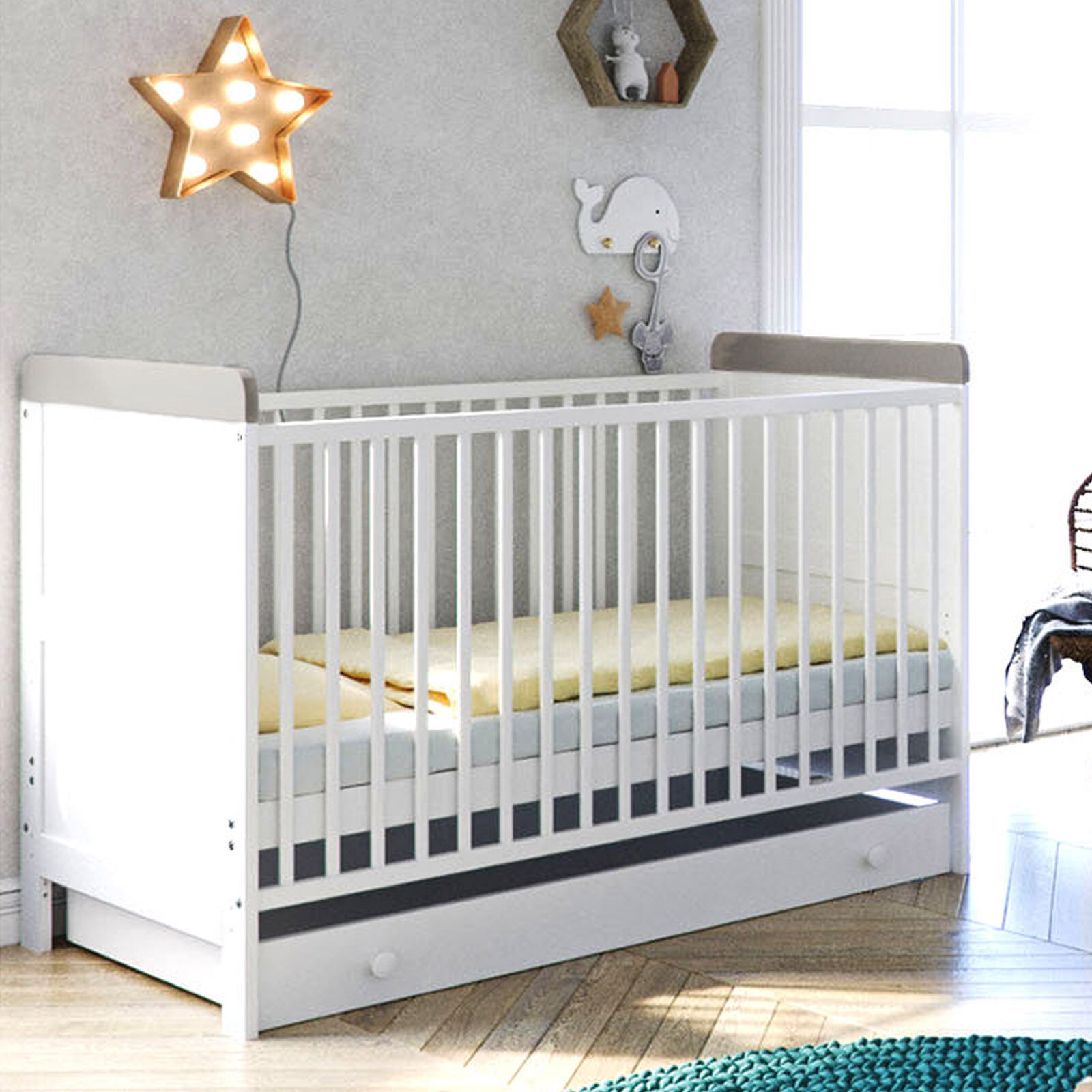 Little Acorns Classic Milano Cot Bed with Deluxe Foam Mattress - White / Grey Little Acorns Classic Milano Cot Bed with Deluxe Foam Mattress - White / Grey