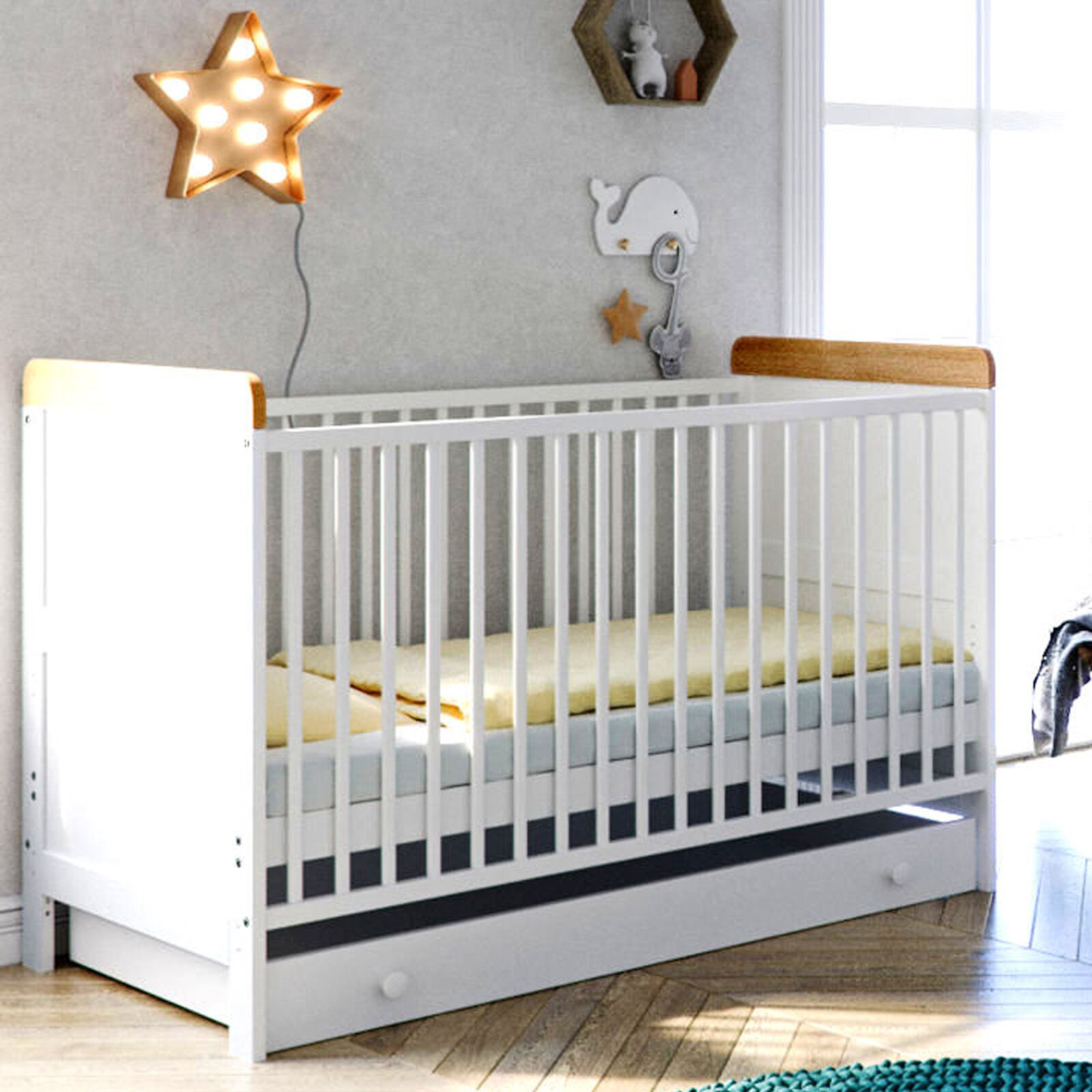 Little Acorns Classic Milano Cot Bed and Drawer with Deluxe Foam Mattress - White & Oak Little Acorns Classic Milano Cot Bed and Drawer with Deluxe Foam Mattress - White & Oak
