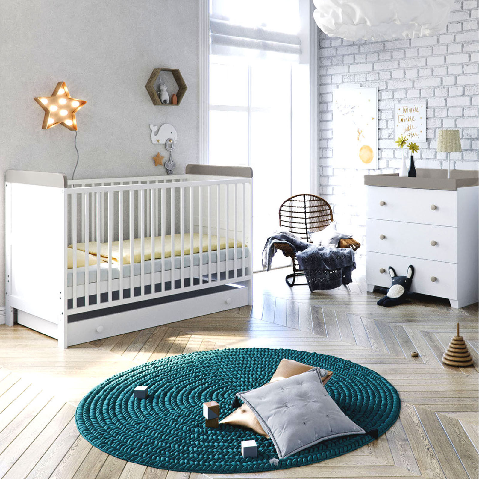 Little Acorns Classic Milano Cot Bed 4 Piece Nursery Furniture Set with Deluxe Foam Mattress - White / Grey Little Acorns Classic Milano Cot Bed 4 Piece Nursery Furniture Set with Deluxe Foam Mattress - White / Grey