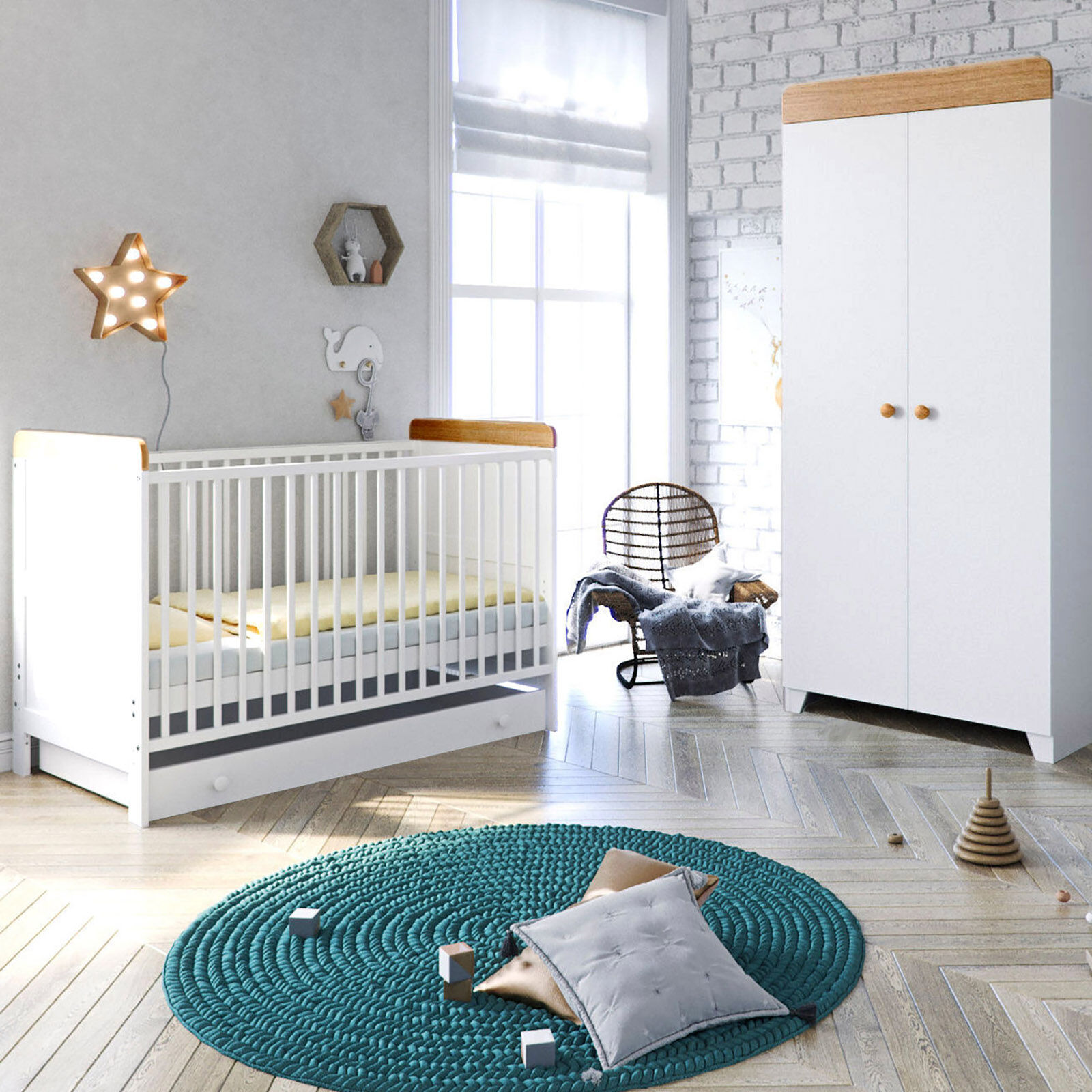 Little Acorns Classic Milano Cot Bed 3 Piece Nursery Furniture Set with Deluxe Foam Mattress - White & Oak Little Acorns Classic Milano Cot Bed 3 Piece Nursery Furniture Set with Deluxe Foam Mattress - White & Oak