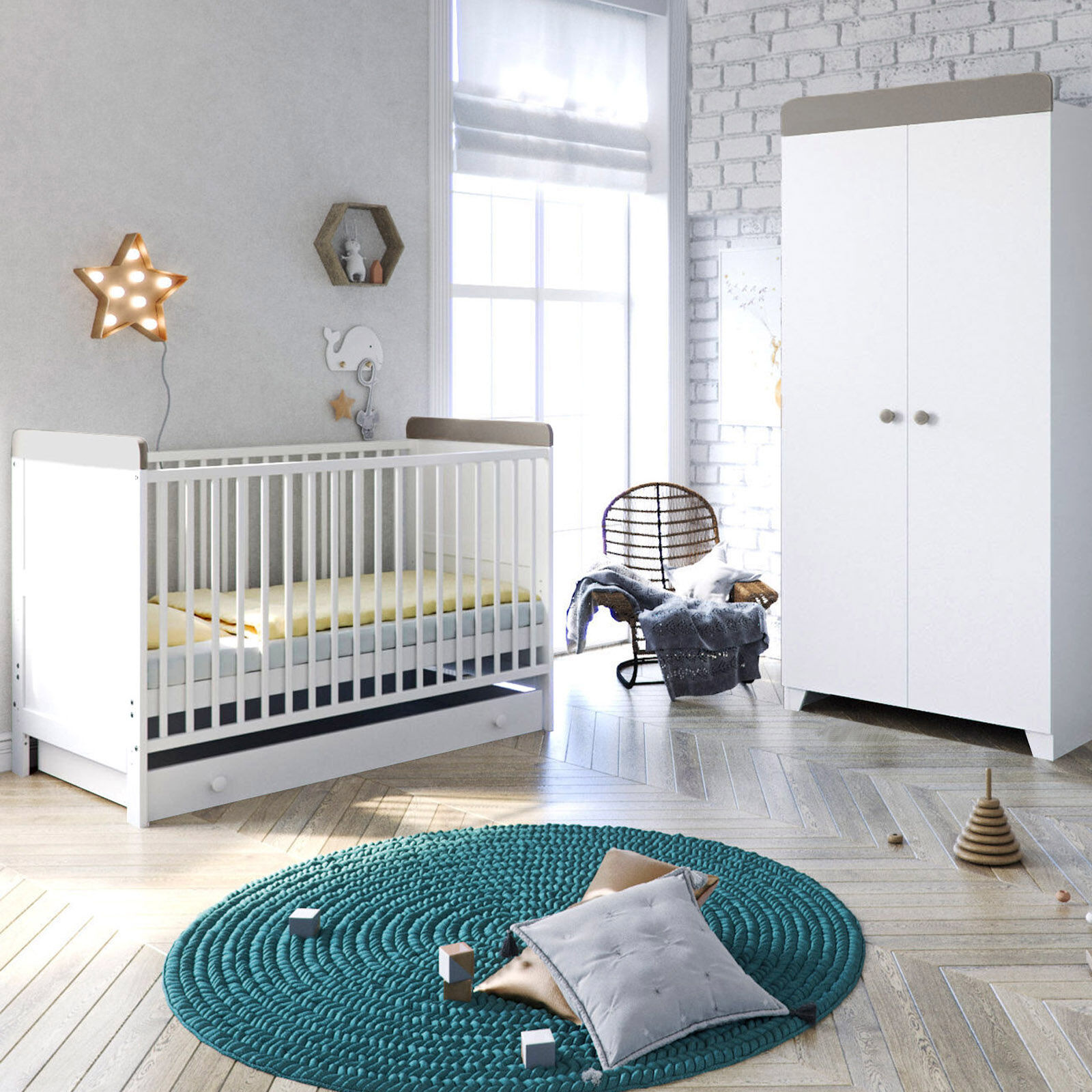Little Acorns Classic Milano Cot Bed 4 Piece Nursery Furniture Set with Deluxe Foam Mattress - White / Grey Little Acorns Classic Milano Cot Bed 4 Piece Nursery Furniture Set with Deluxe Foam Mattress - White / Grey