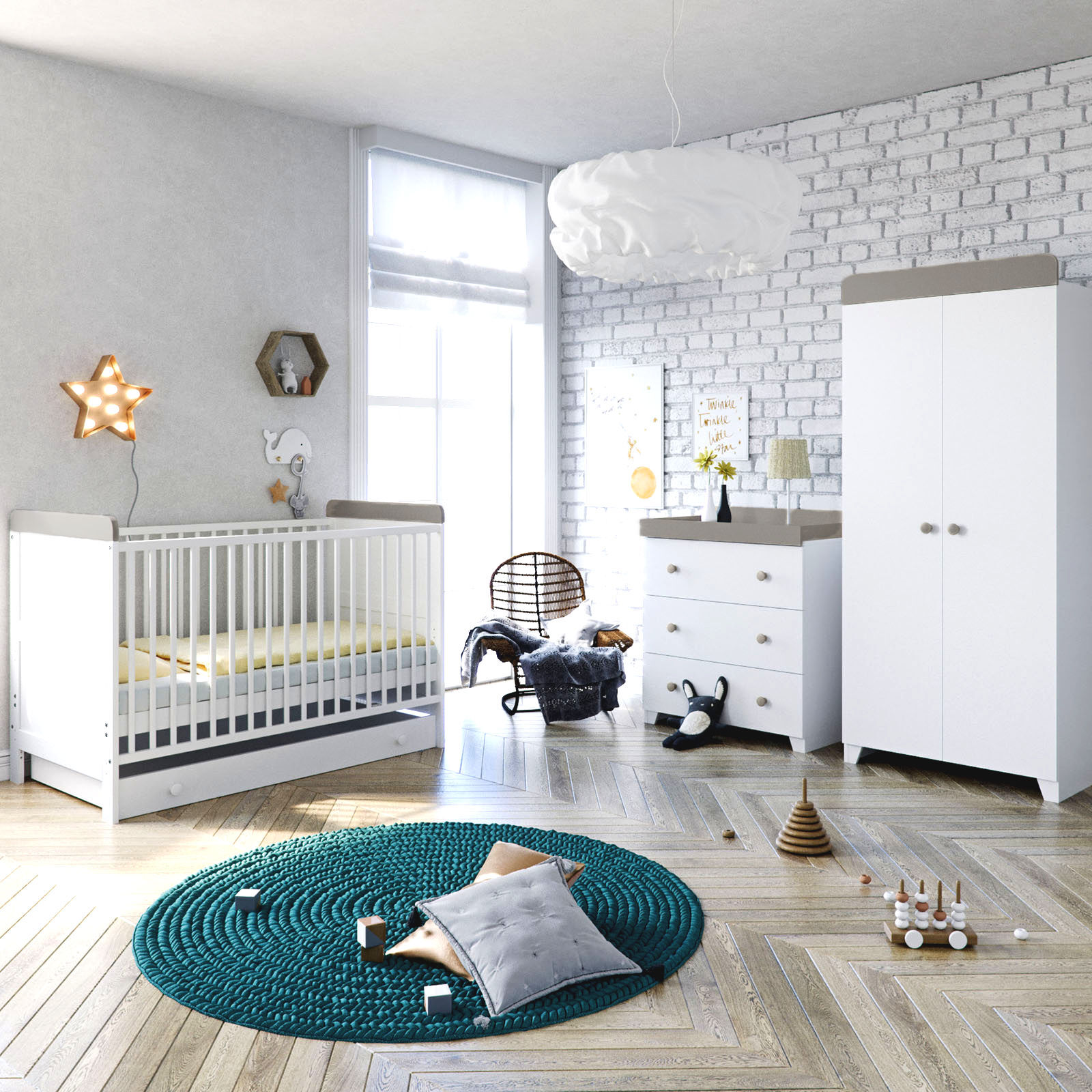Little Acorns Classic Milano Cot Bed 5 Piece Nursery Furniture Set with Deluxe Foam Mattress - White / Grey Little Acorns Classic Milano Cot Bed 5 Piece Nursery Furniture Set with Deluxe Foam Mattress - White / Grey