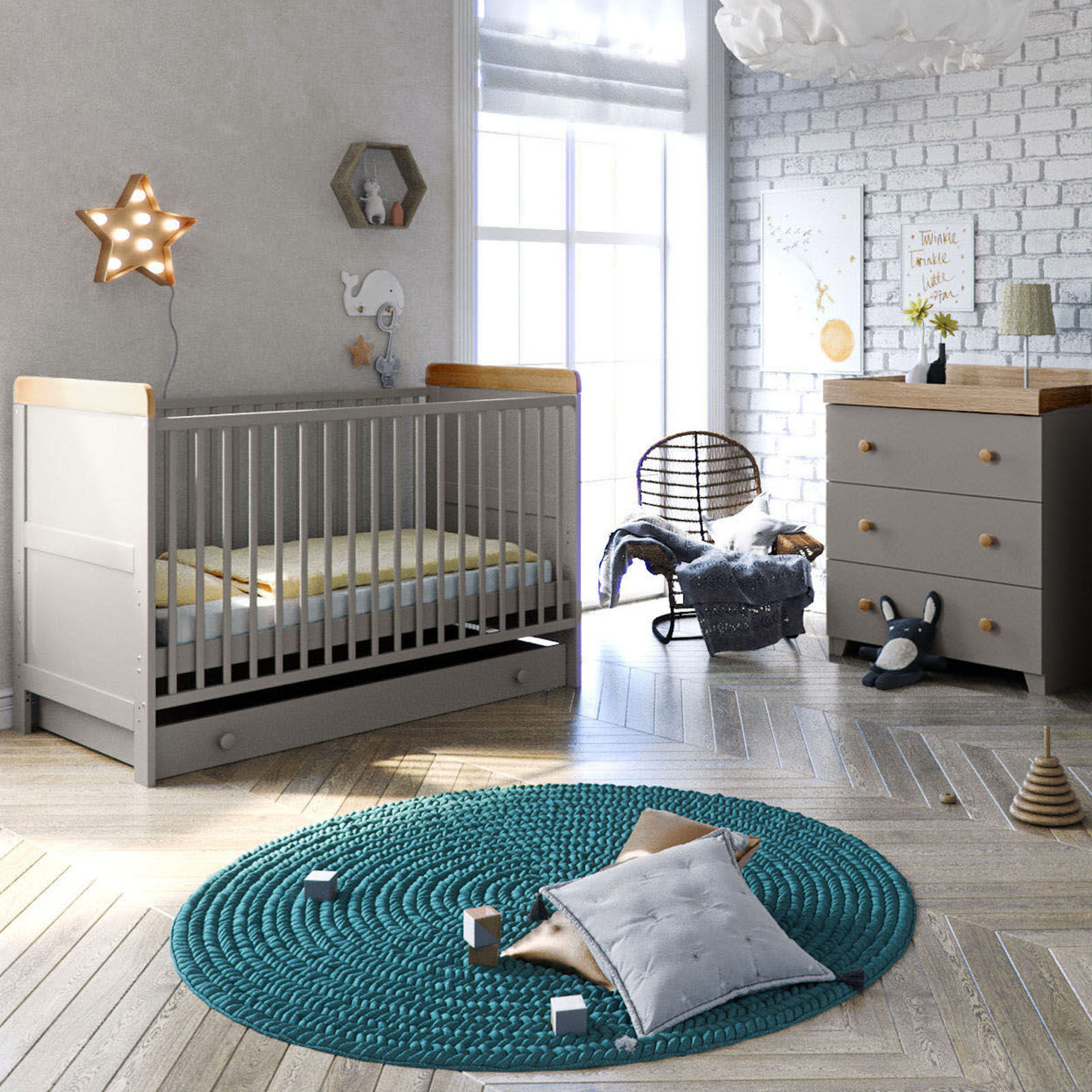 Little Acorns Classic Milano Cot Bed 3 Piece Nursery Furniture Set - Grey / Oak