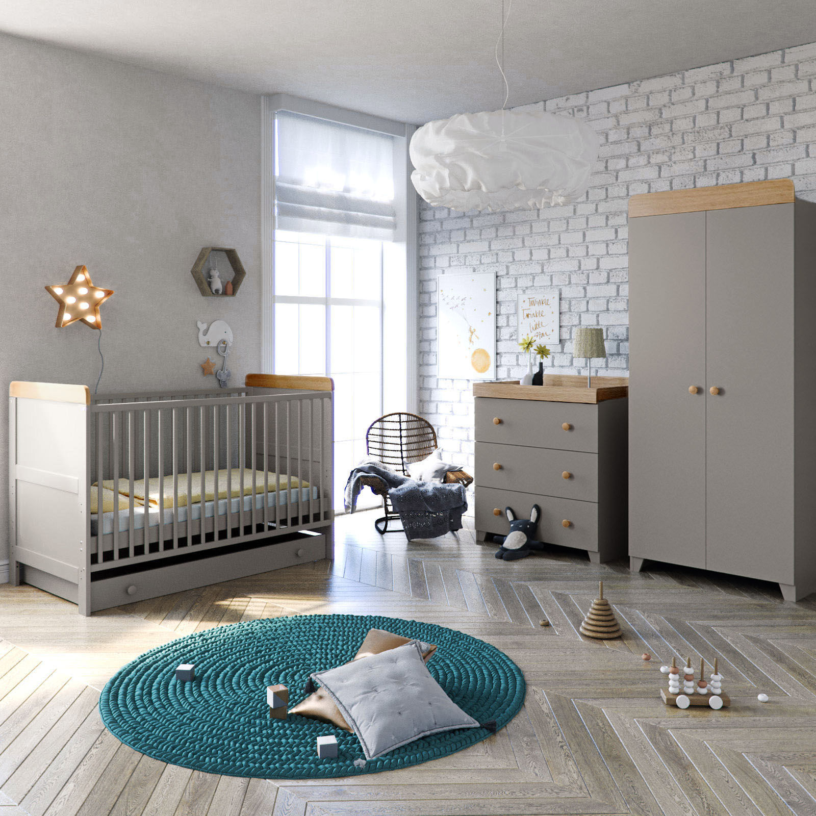 Little Acorns Classic Milano Cot Bed 5 Piece Nursery Furniture Set with Deluxe Foam Mattress - Grey / Oak Little Acorns Classic Milano Cot Bed 5 Piece Nursery Furniture Set with Deluxe Foam Mattress - Grey / Oak