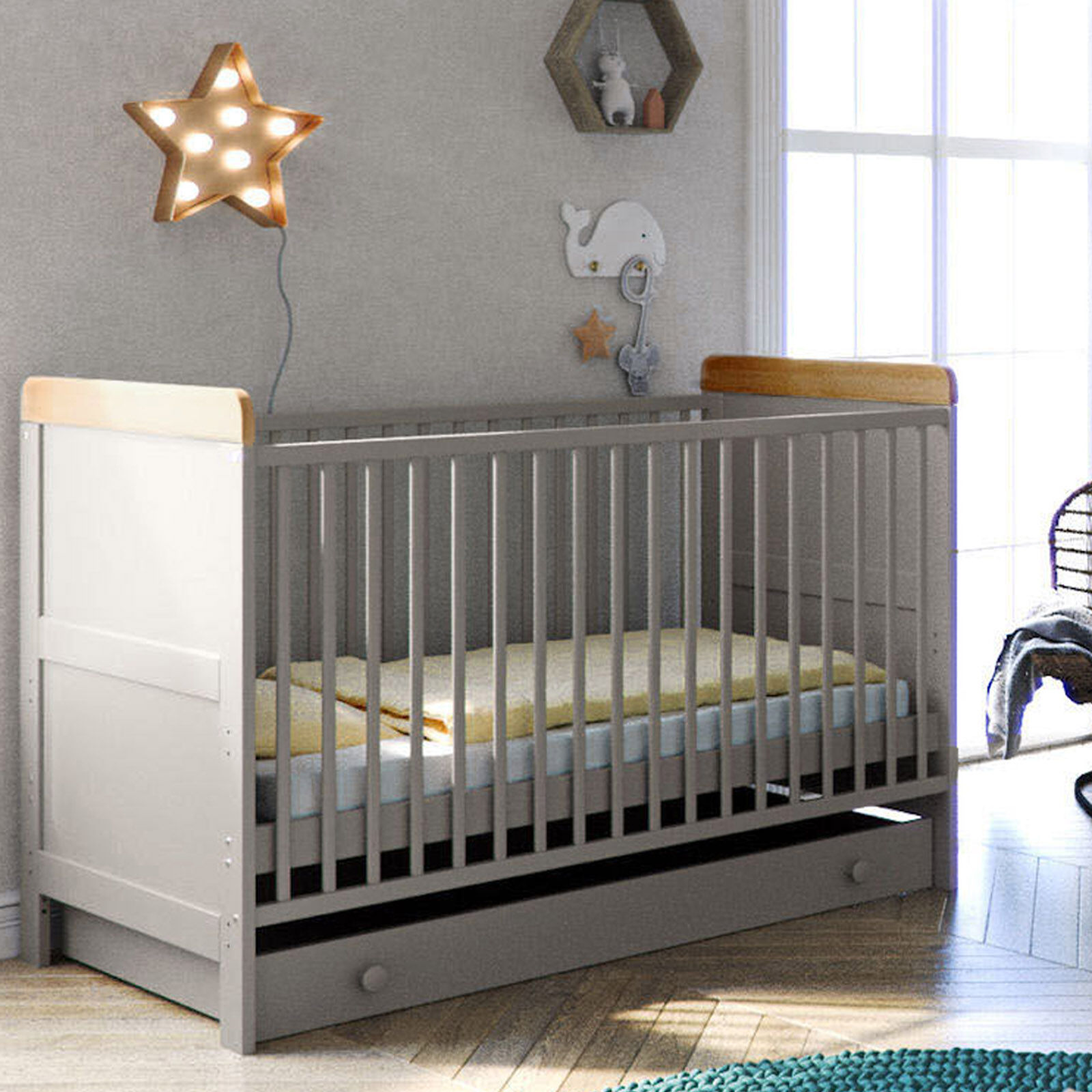 Little Acorns Classic Milano Cot Bed and Drawer with Deluxe Maxi Mattress - Grey / Oak