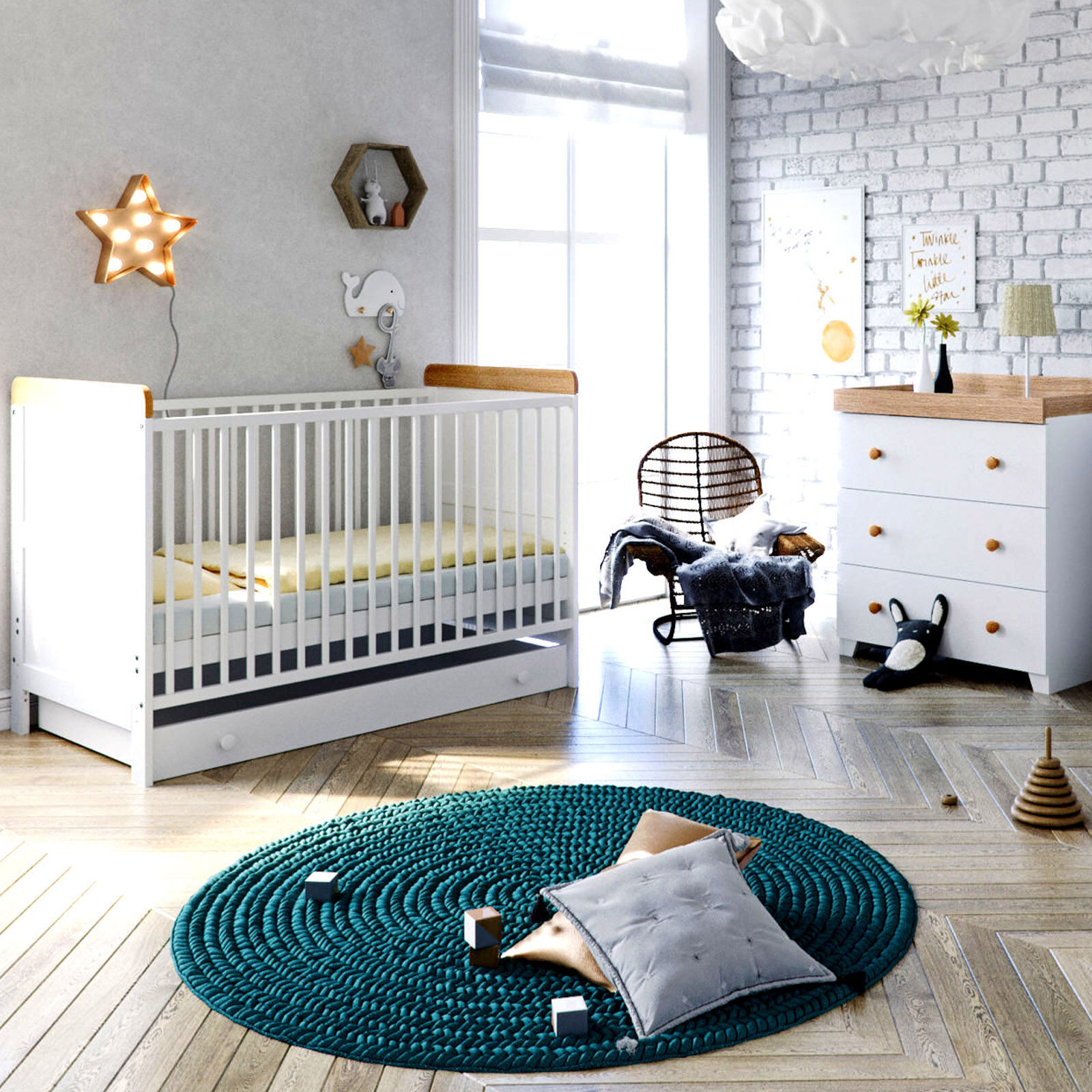 Little Acorns Classic Milano Cot Bed 5 Piece Nursery Furniture Set with Deluxe Foam Mattress - White & Oak Little Acorns Classic Milano Cot Bed 5 Piece Nursery Furniture Set with Deluxe Foam Mattress - White & Oak