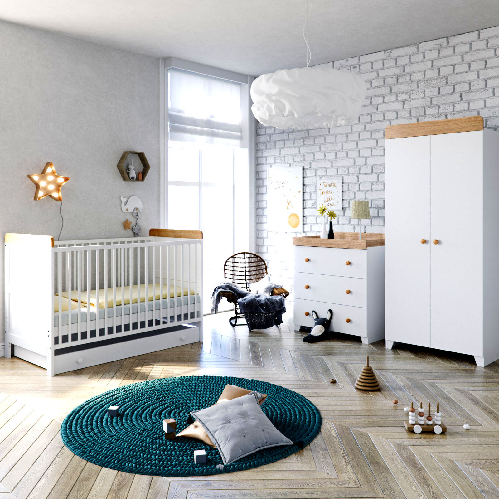 Little Acorns Classic Milano Cot Bed 5 Piece Nursery Furniture Set with Drawer - White & Oak Little Acorns Classic Milano Cot Bed 5 Piece Nursery Furniture Set with Drawer - White & Oak